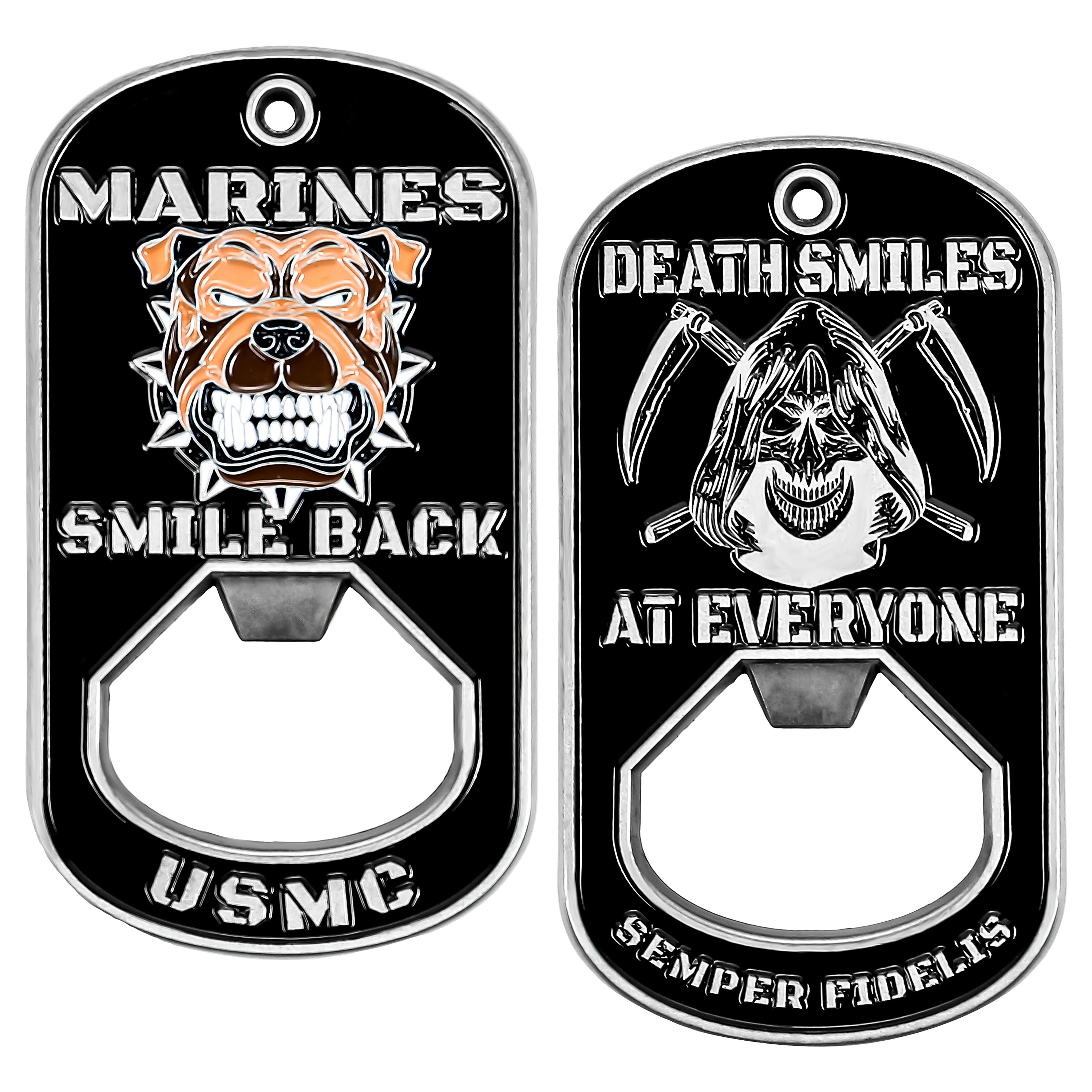 Death Smiles Dog Tag Bottle Opener- Marine Corps Challenge Coin