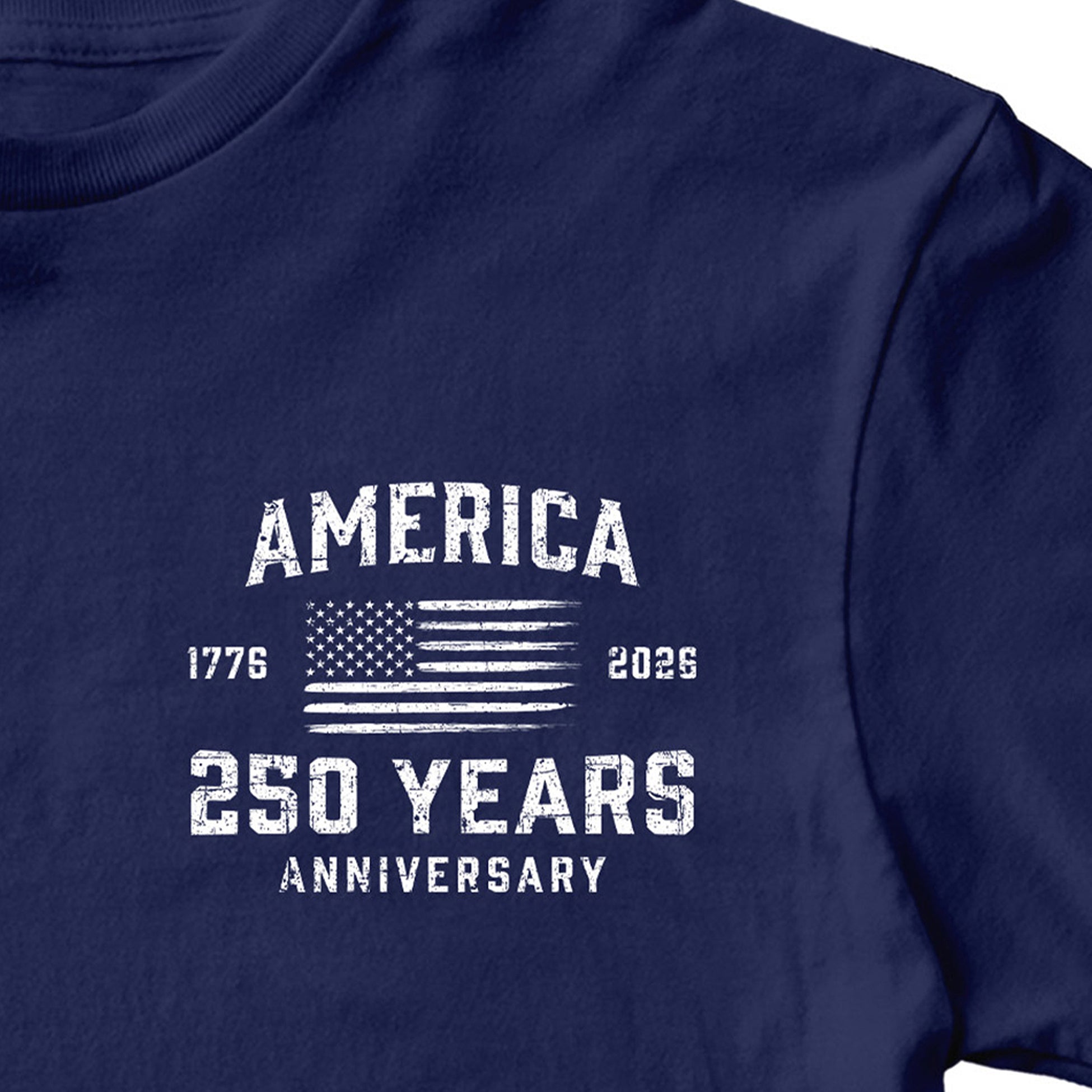 America 250 Years 1776 2026 T-shirt with American flag chest seal design. Blue Patriotic T-shirt celebrating 250 years of American independence