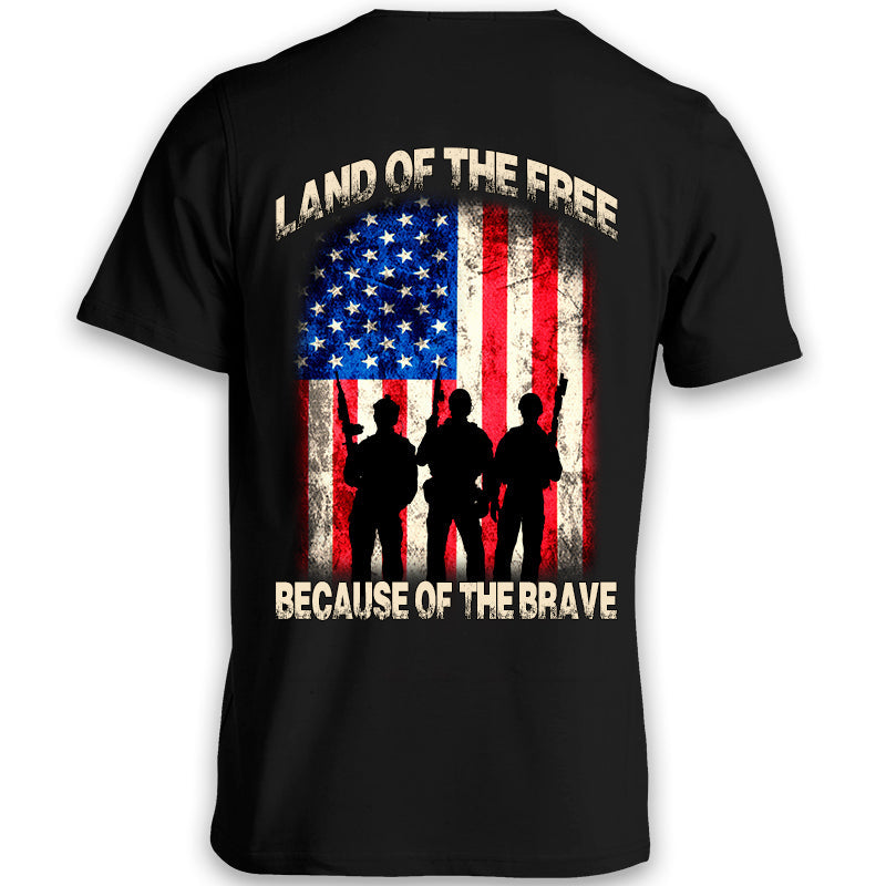 Land of the Free because of the Brave black t-shirt