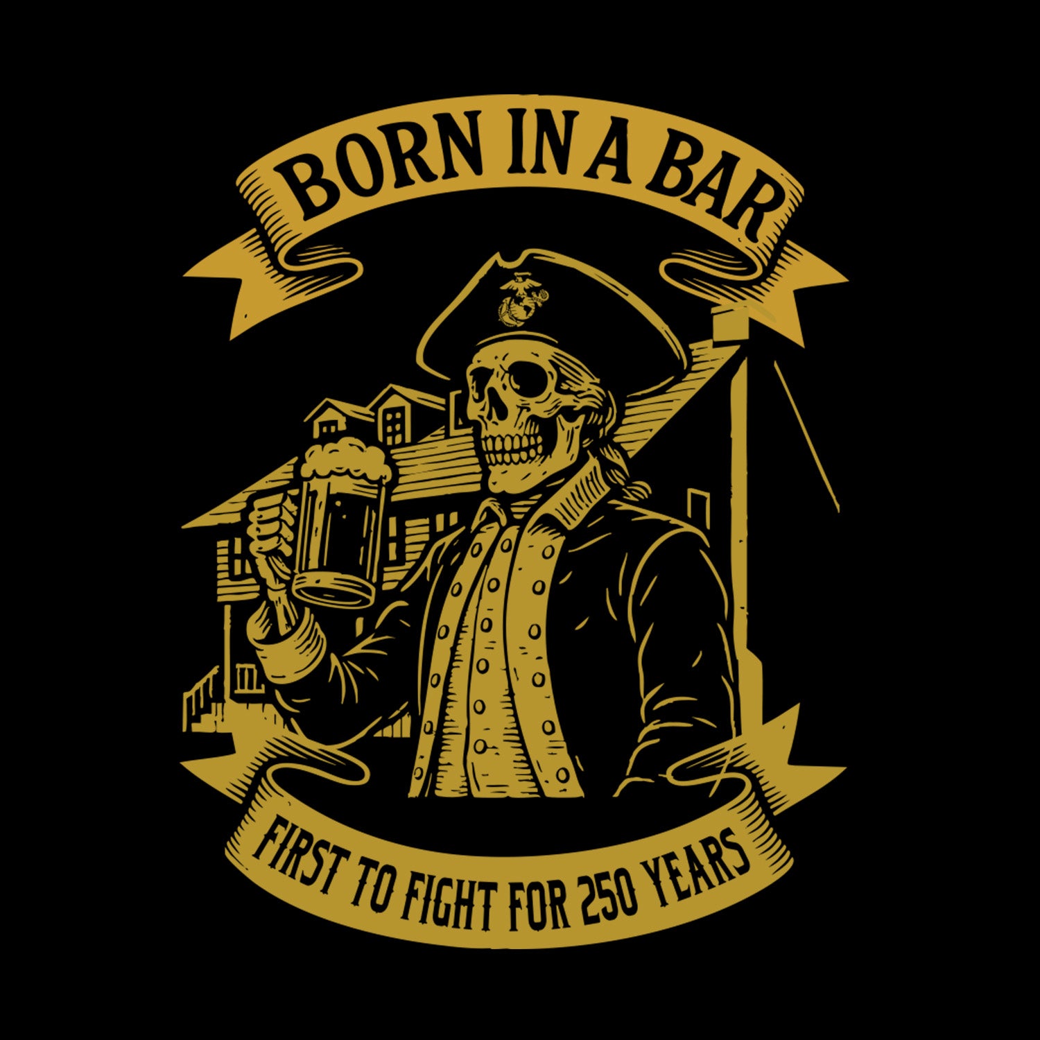 Vintage-style USMC graphic with a skeleton in a uniform holding a beer mug, set against a black background. tun tavern usmc birthday