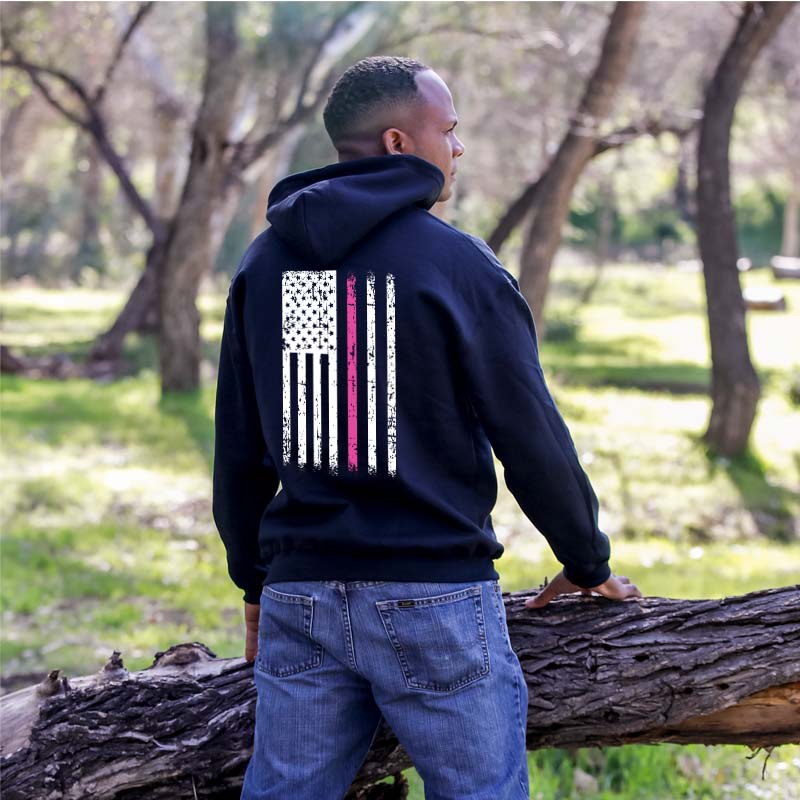 Black Cancer Awareness Hoodie. Patriotic Pink Cancer Flag Tee