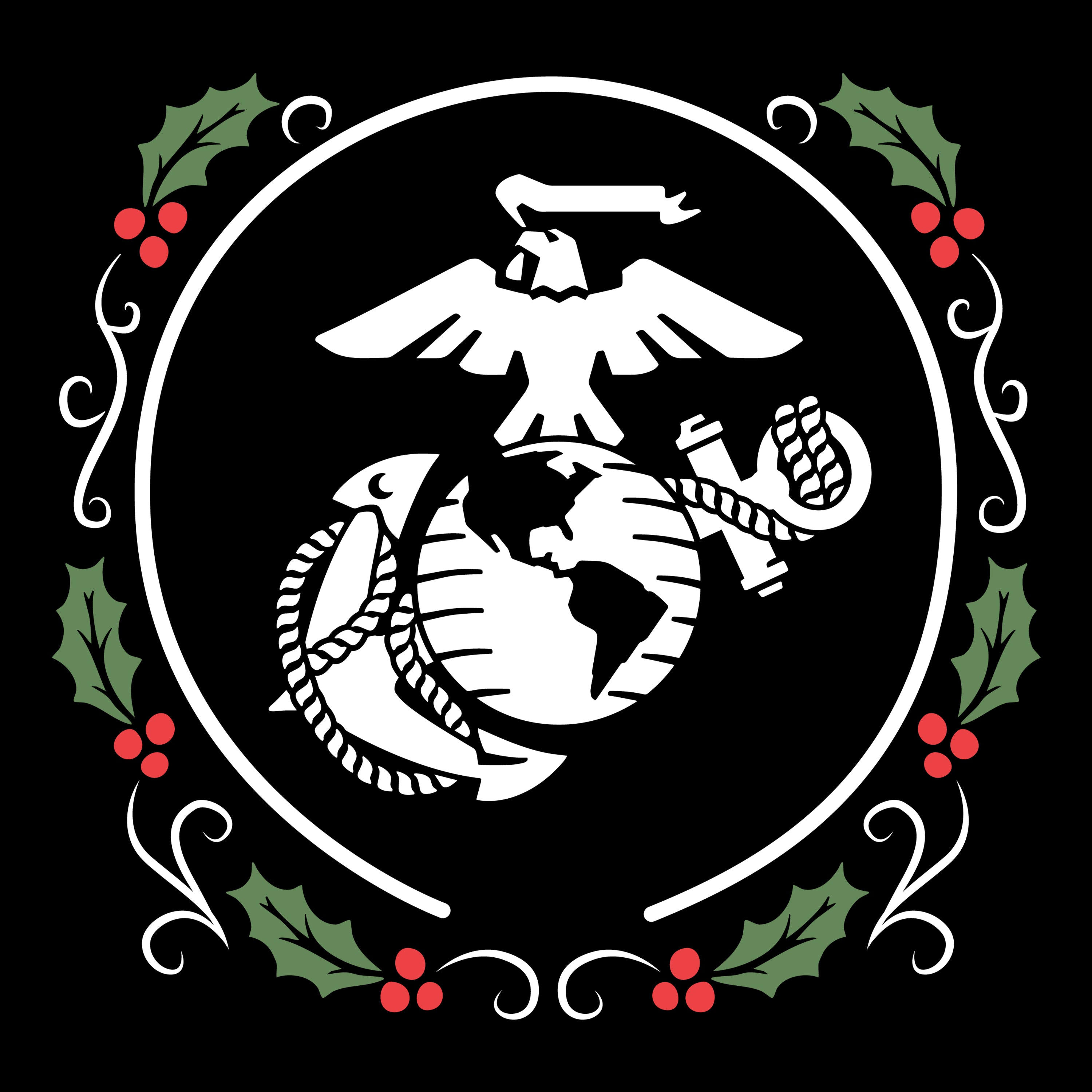 USMC Christmas T-shirt with christmas wreath EGA chest seal. Marines Holiday Tee