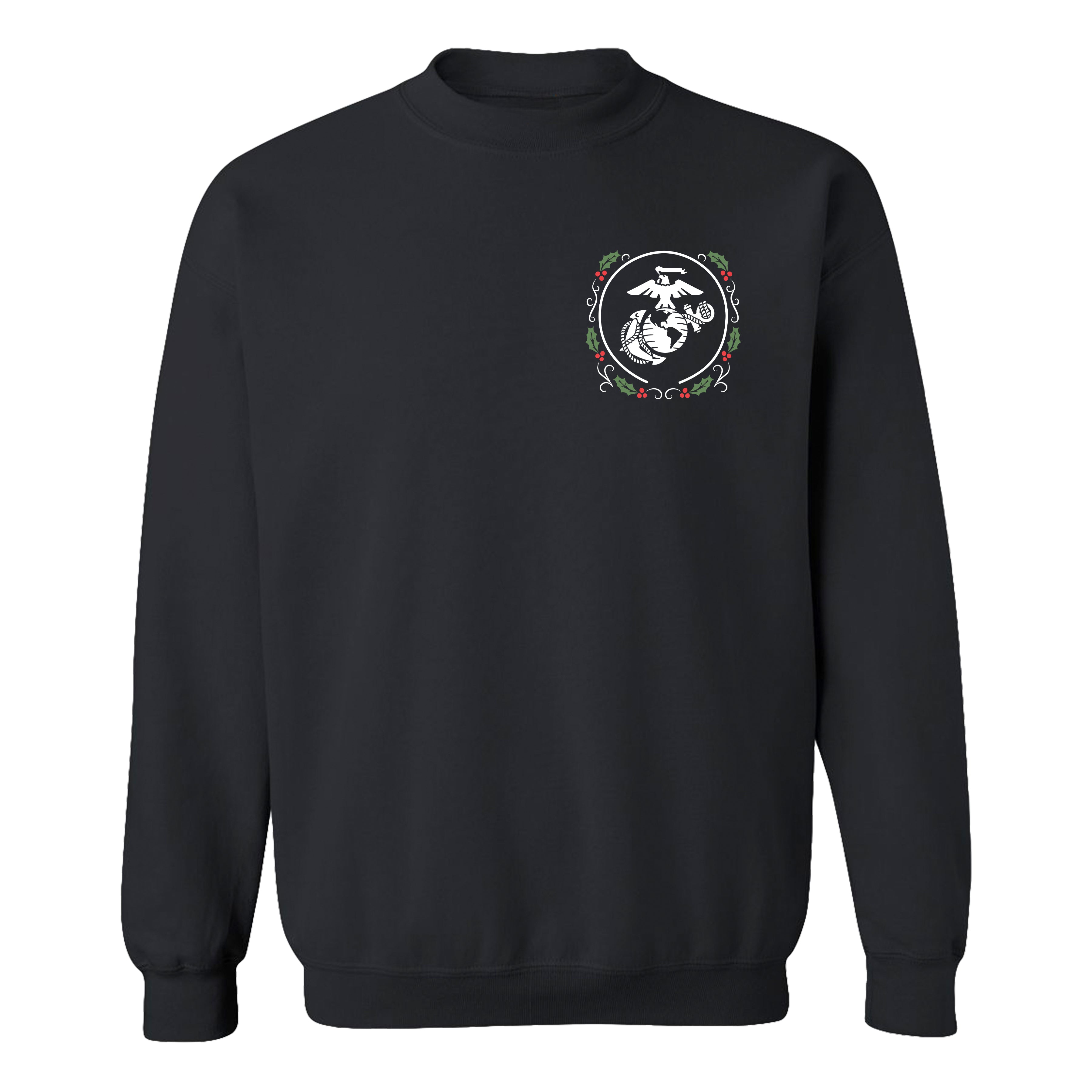 Black USMC Christmas Sweatshirt with christmas wreath EGA chest seal. Marines Holiday Sweatshirt
