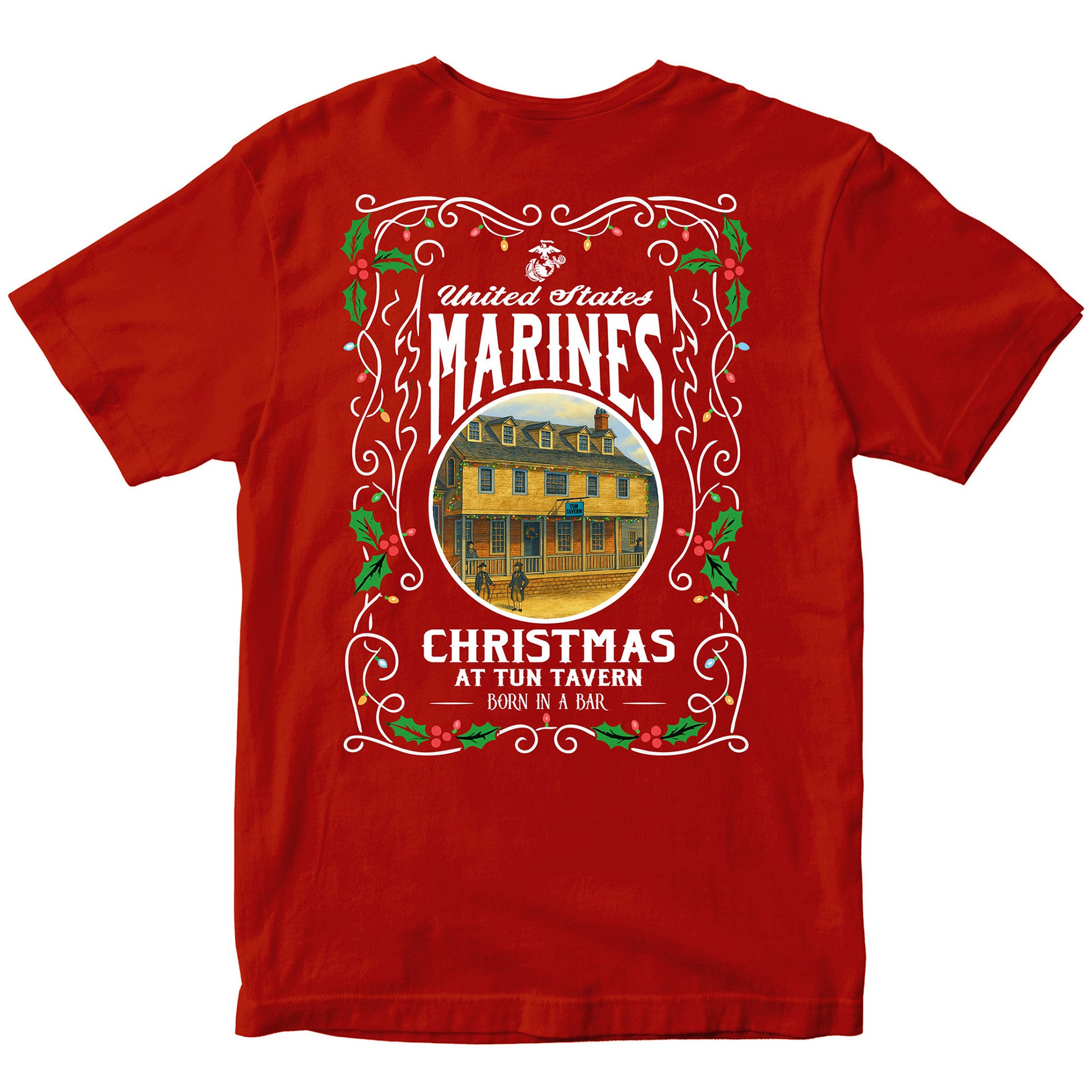 Red USMC Christmas T-shirt with ‘United States Marines – Christmas at Tun Tavern – Born in a Bar. Marines Christmas Tee