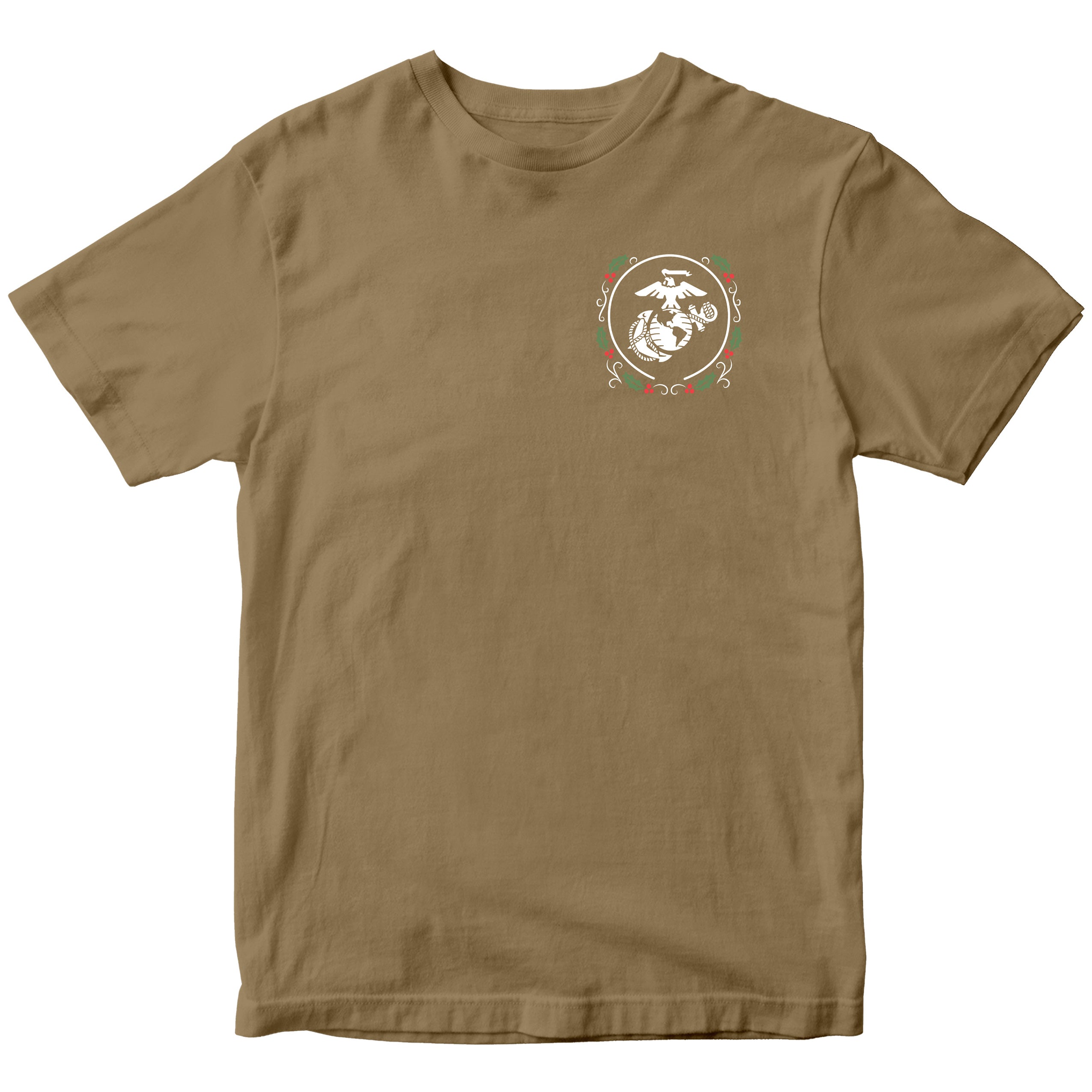 Brown USMC Christmas T-shirt with christmas wreath EGA chest seal. Marines Holiday Tee