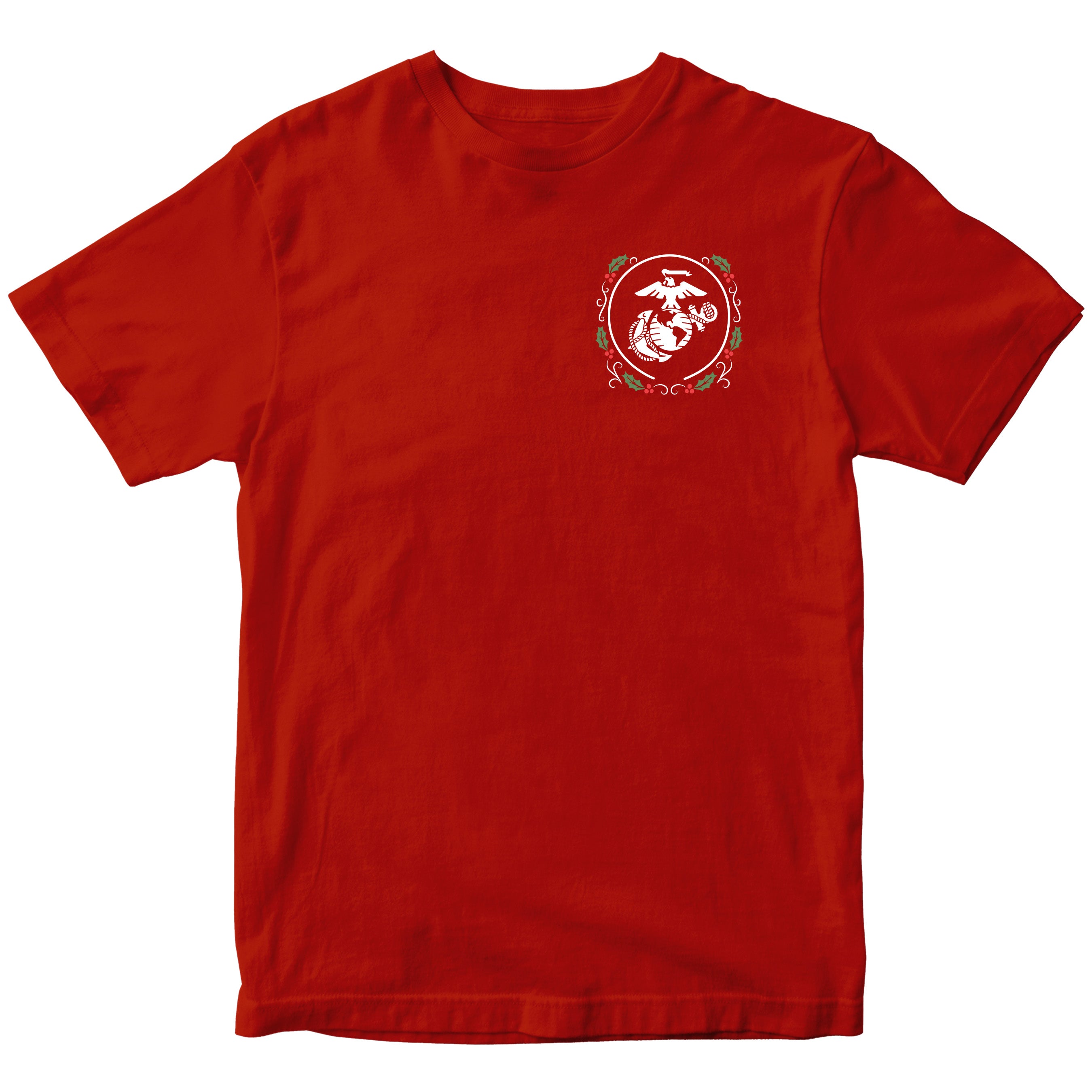 Red USMC Christmas T-shirt with christmas wreath EGA chest seal. Marines Holiday Tee