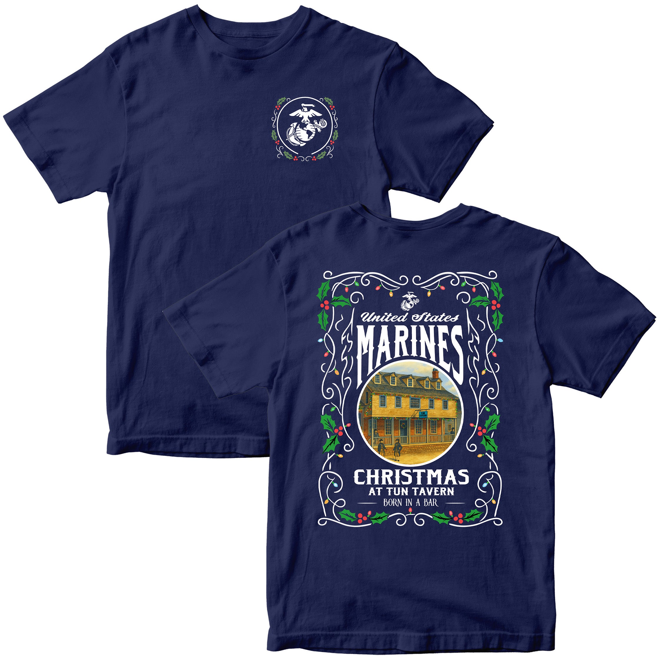 Navy USMC Christmas T-shirt with ‘United States Marines – Christmas at Tun Tavern – Born in a Bar. Marines Christmas Tee