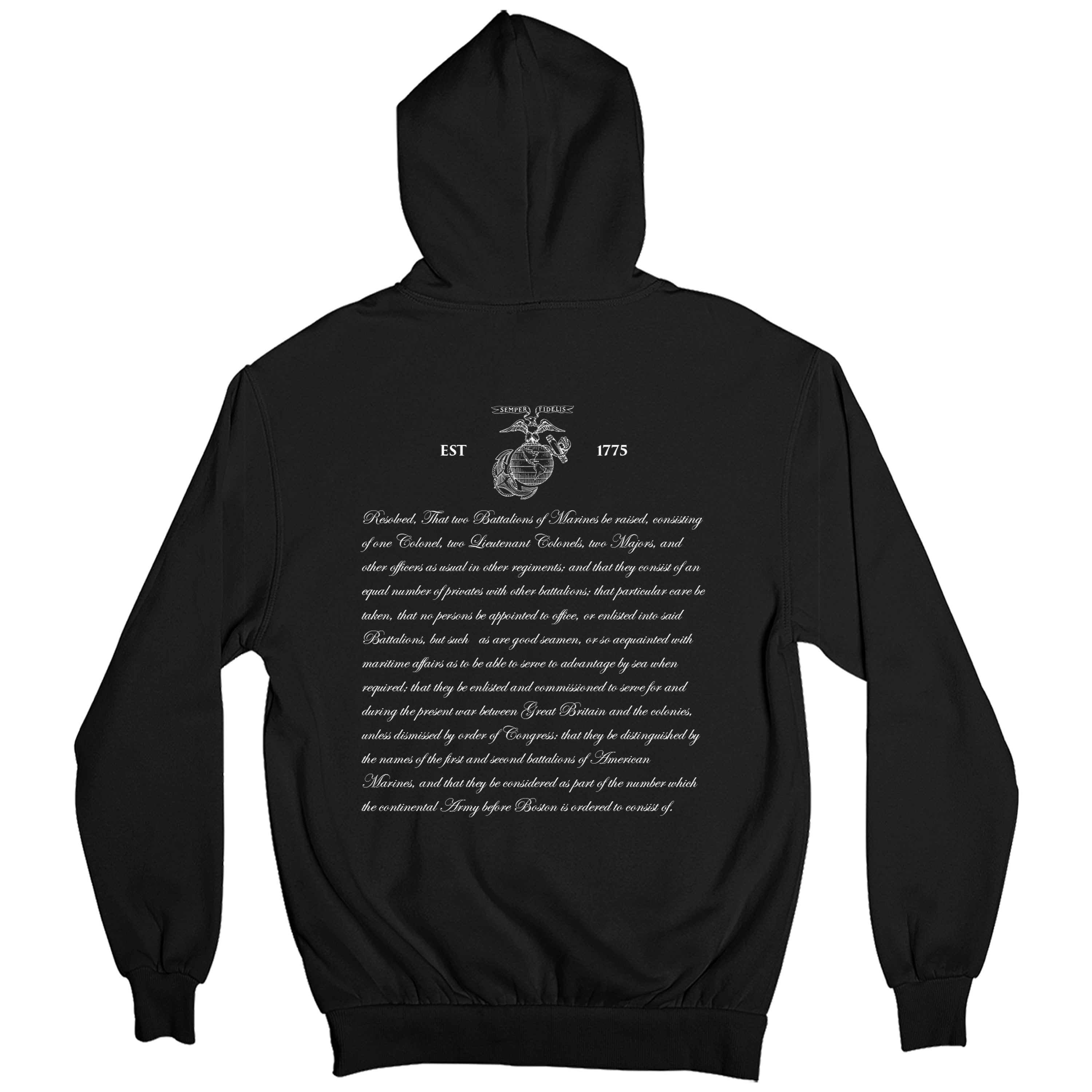 Black Marine Corps 250th Birthday hoodie with Continental Marines Act text on back