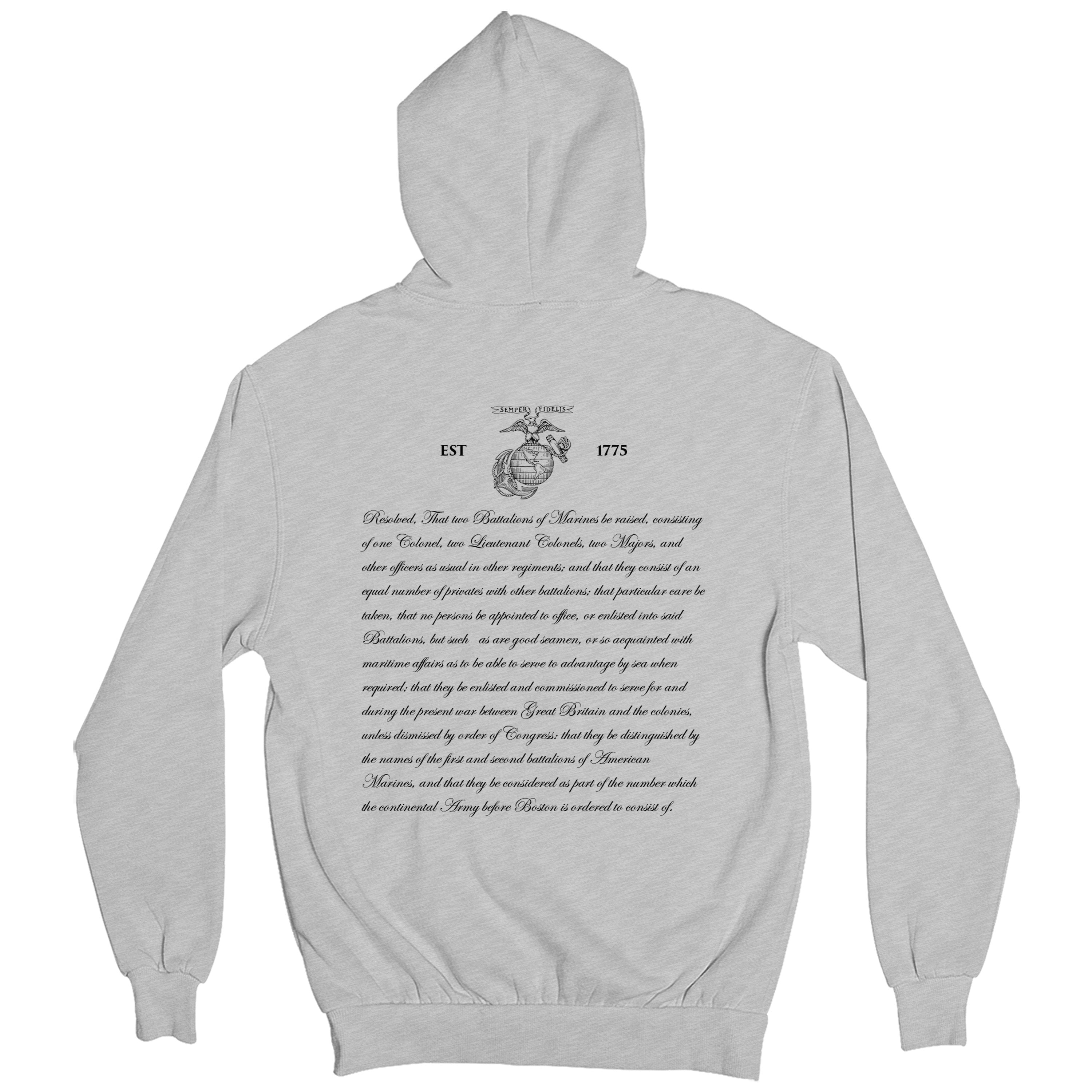 Gray Marine Corps 250th Birthday hoodie with Continental Marines Act text on back
