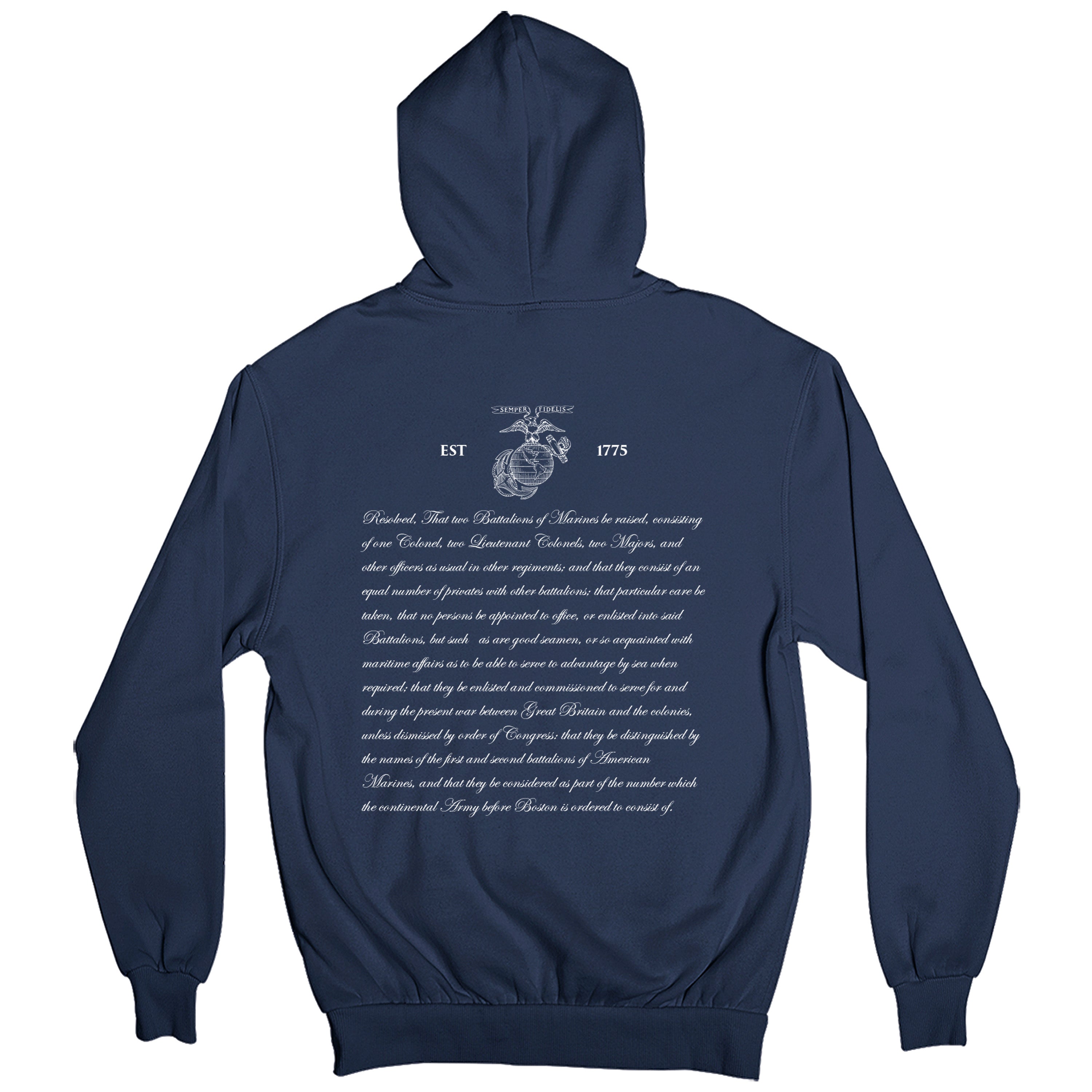 Navy Marine Corps 250th Birthday hoodie with Continental Marines Act text on back