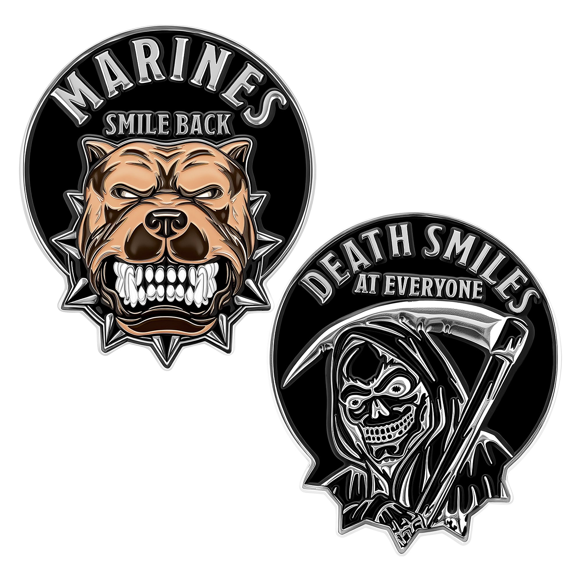 Death Smiles Coin, Death Smiles at everyone Marines smiles back, challenge coin, USMC, Marine Corps Challenge Coins, Semper Fi, Marine Corps