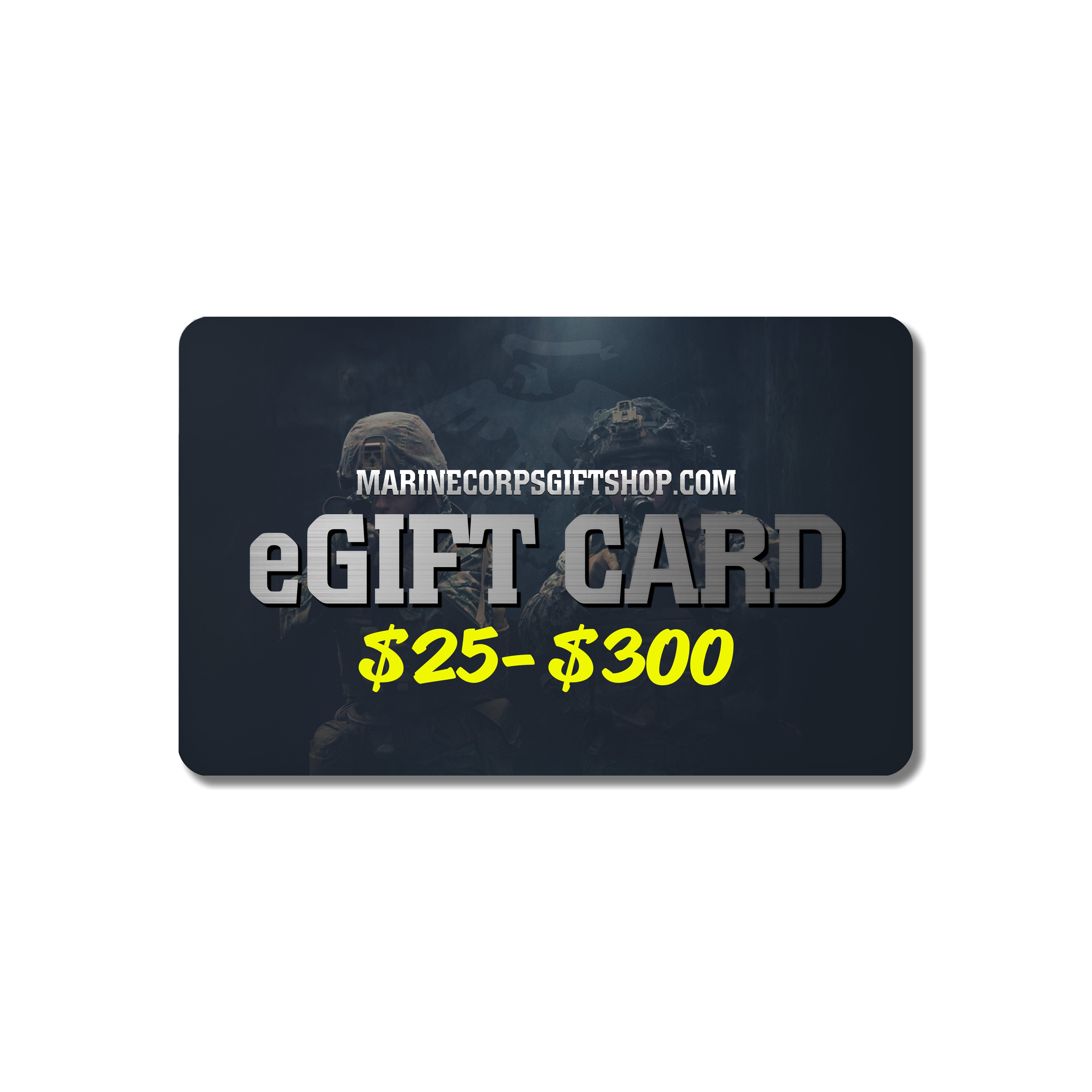 Online digital gift card for Marine Corps Gift Shop, available instantly by email. USMC Gift Card. Marines eGift Card