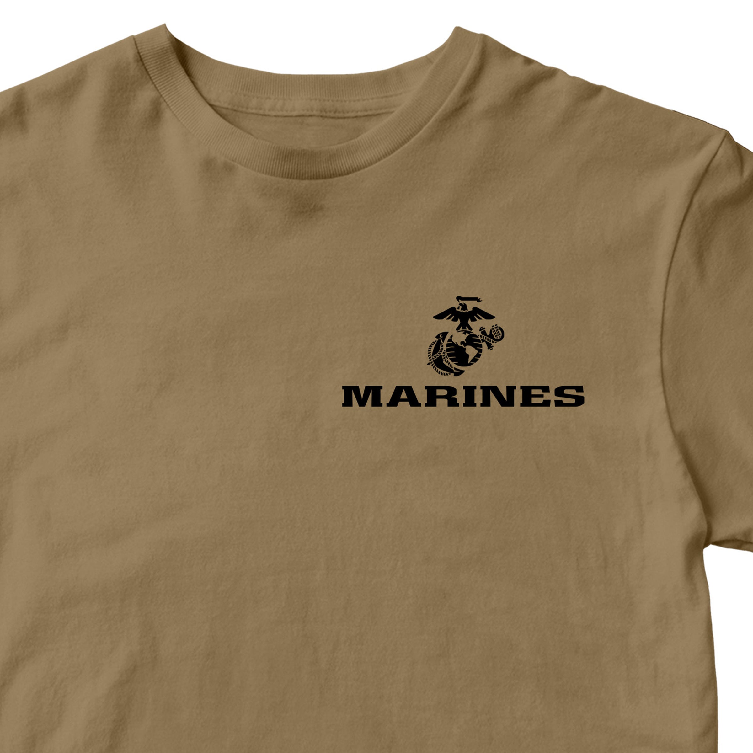 Brown USMC t-shirt with Eagle Globe Anchor chest seal and MARINES text
