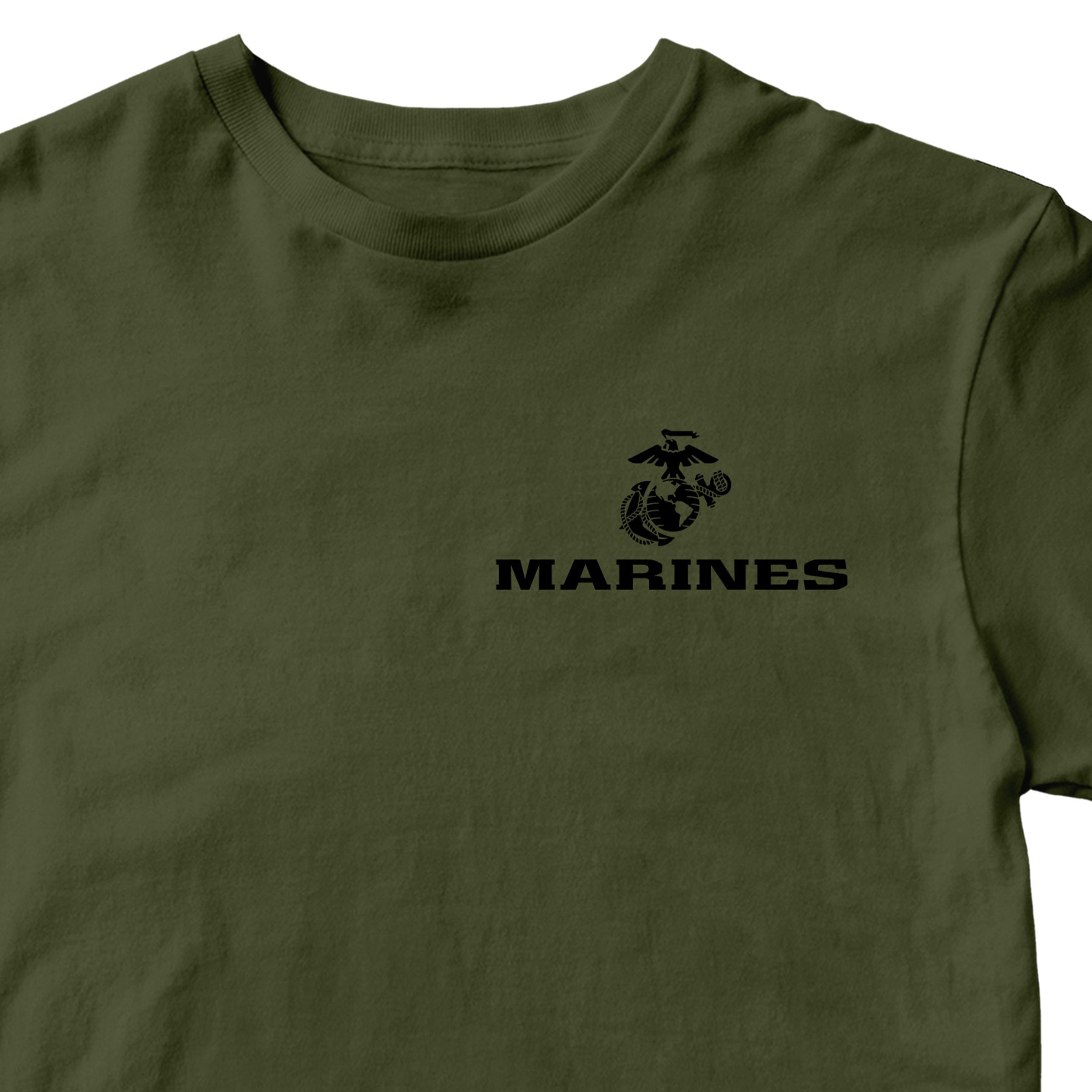 Green USMC t-shirt with Eagle Globe Anchor chest seal and MARINES text