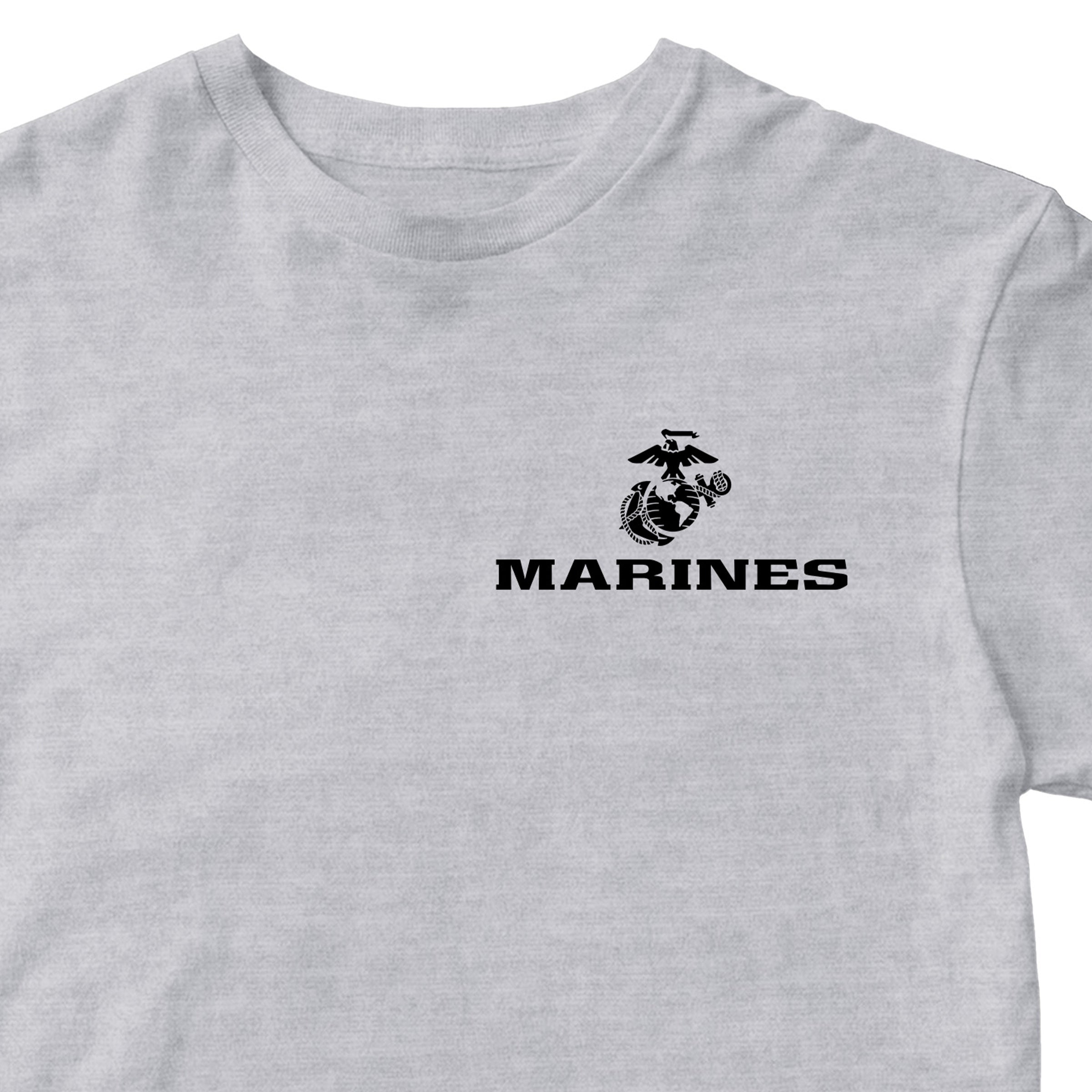 Gray USMC t-shirt with Eagle Globe Anchor chest seal and MARINES text