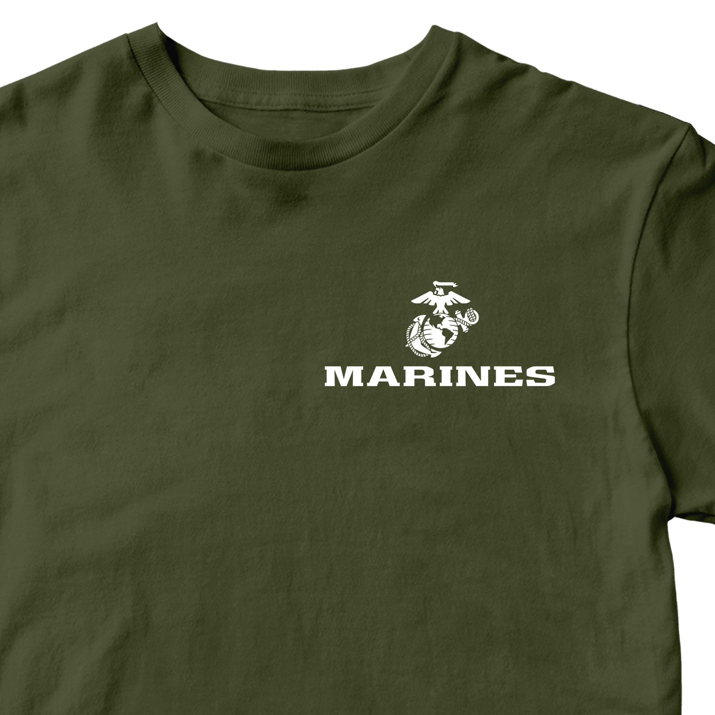 Green USMC t-shirt with Eagle Globe Anchor chest seal and MARINES text