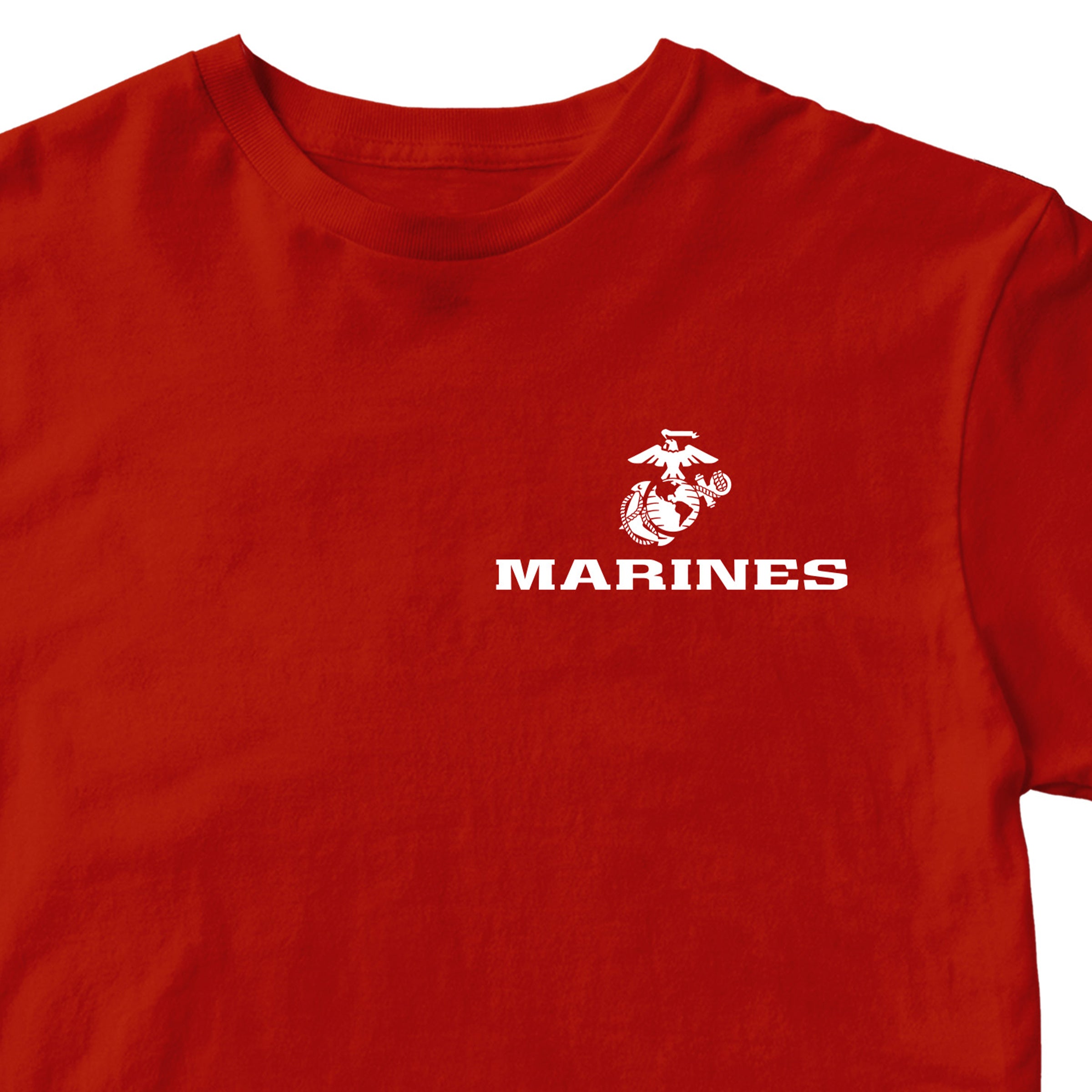 Red USMC t-shirt with Eagle Globe Anchor chest seal and MARINES text