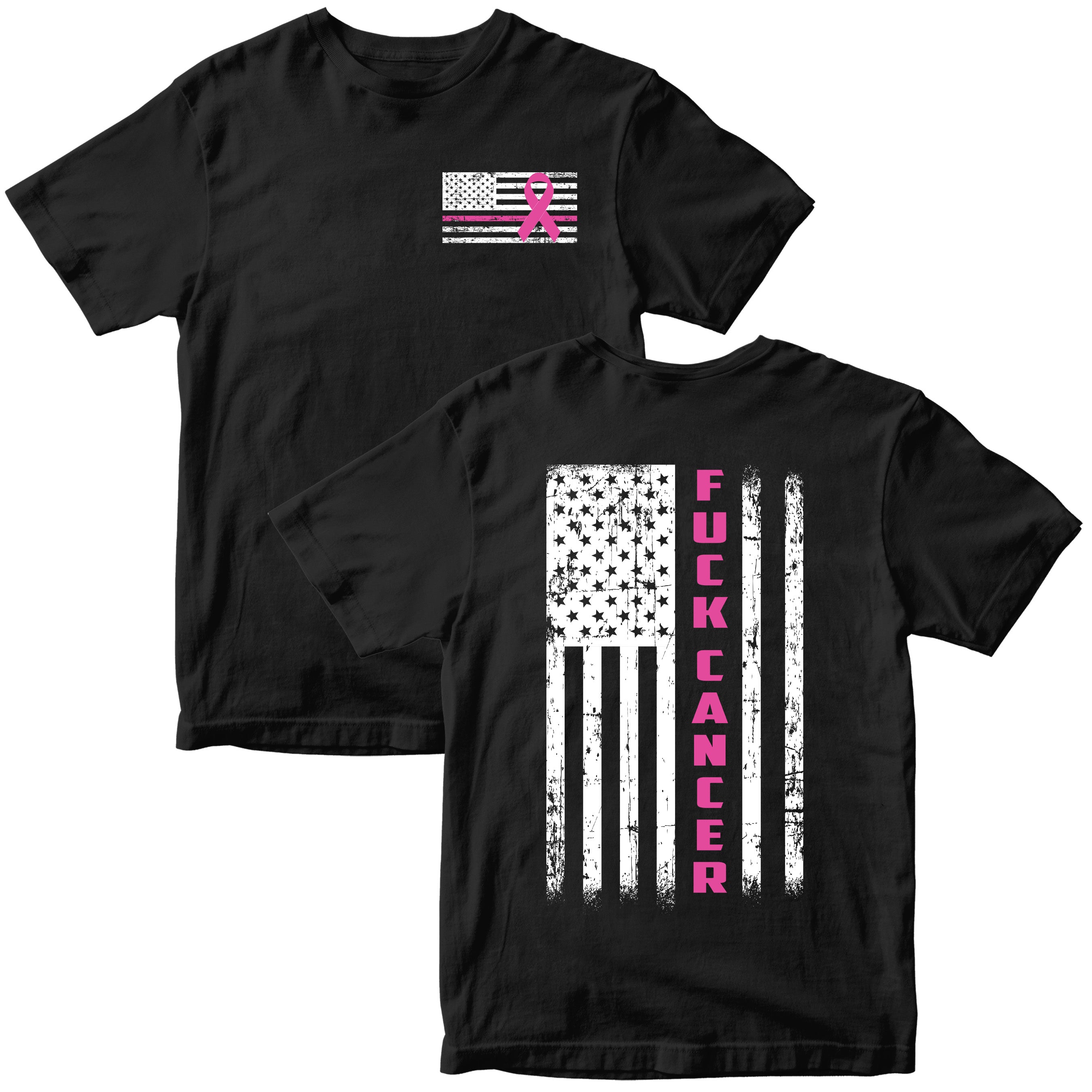 Black F Cancer Awareness T-Shirt. Patriotic Pink Cancer Flag Tee