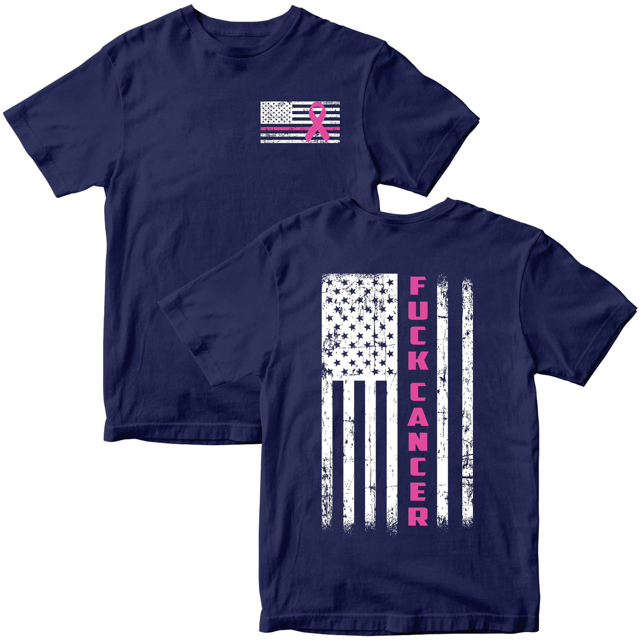 Navy Blue F Cancer Awareness T-Shirt. Patriotic Pink Cancer Flag Tee
