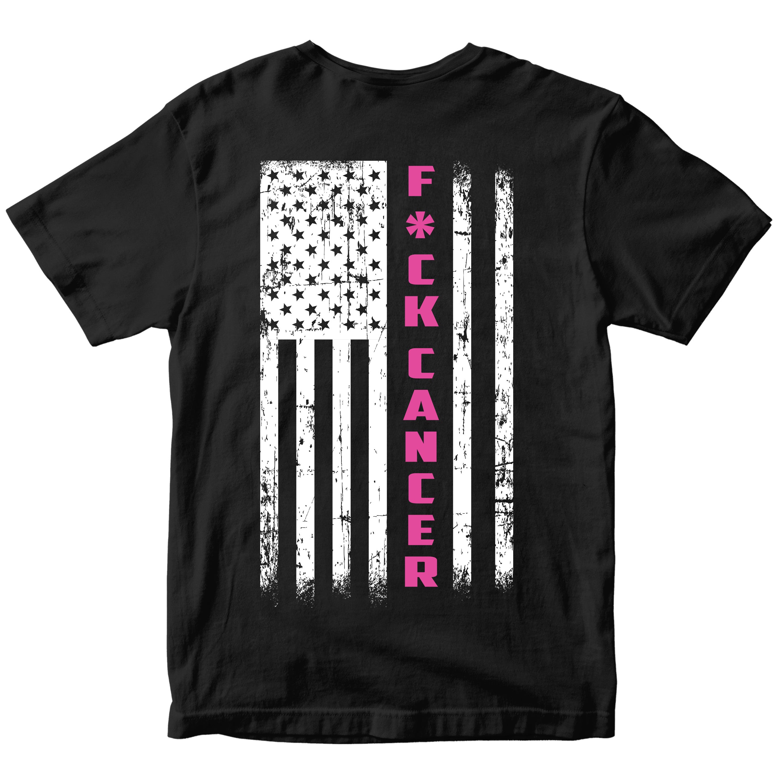Black F Cancer Awareness T-Shirt. Patriotic Pink Cancer Flag Tee