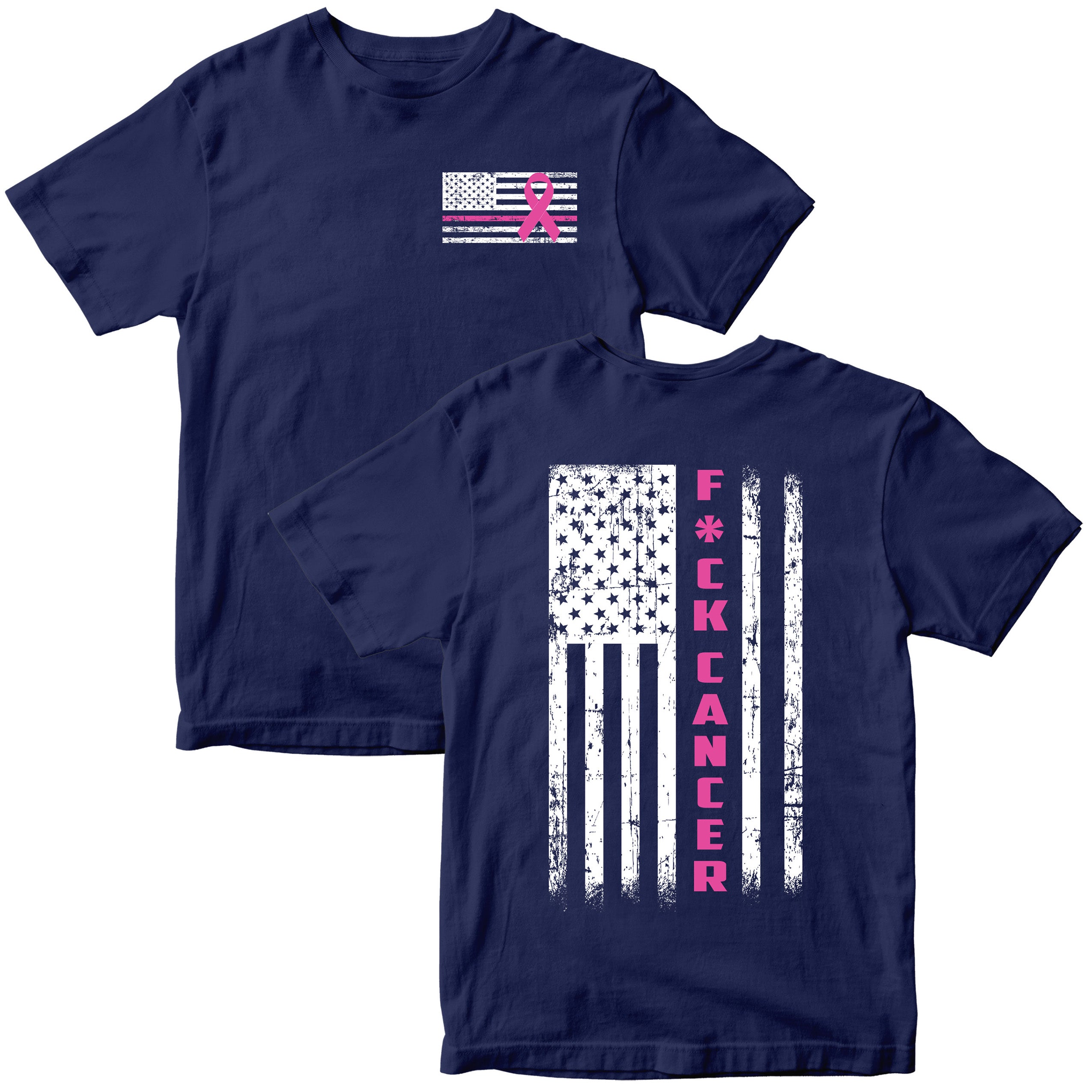 Navy Blue F Cancer Awareness T-Shirt. Patriotic Pink Cancer Flag Tee