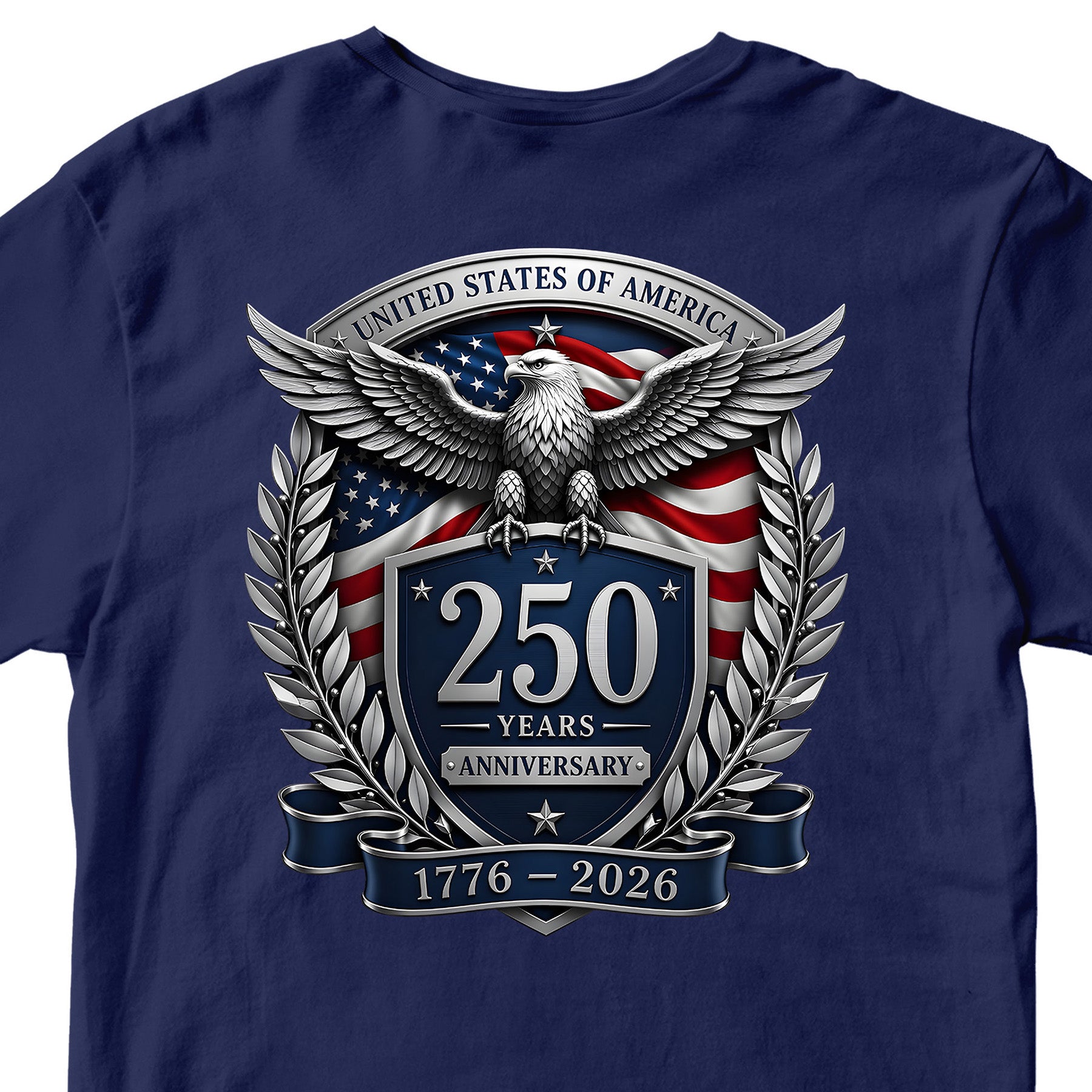 USA 250 years anniversary T-shirt with freedom eagle design and American flag back print. America's 250th birthday tee. USA 250 Years patriotic blue T-shirt.