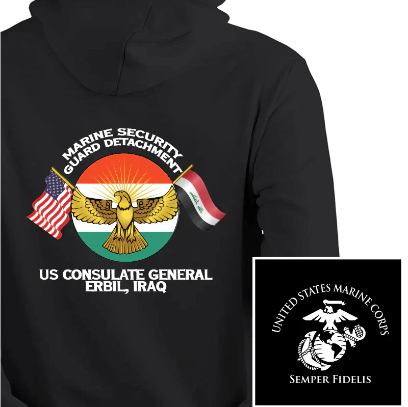 Marine Security Guard Detachment Erbil Iraq USMC hoodie, MSG DET Erbil Iraq USMC Logo sweatshirt, USMC gift ideas, Marine Corp gifts women or men, USMC unit logo gear, USMC unit logo sweatshirts
