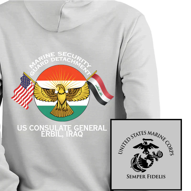Marine Security Guard Detachment Erbil Iraq USMC hoodie, MSG DET Erbil Iraq USMC Logo sweatshirt, USMC gift ideas, Marine Corp gifts women or men, USMC unit logo gear, USMC unit logo sweatshirts