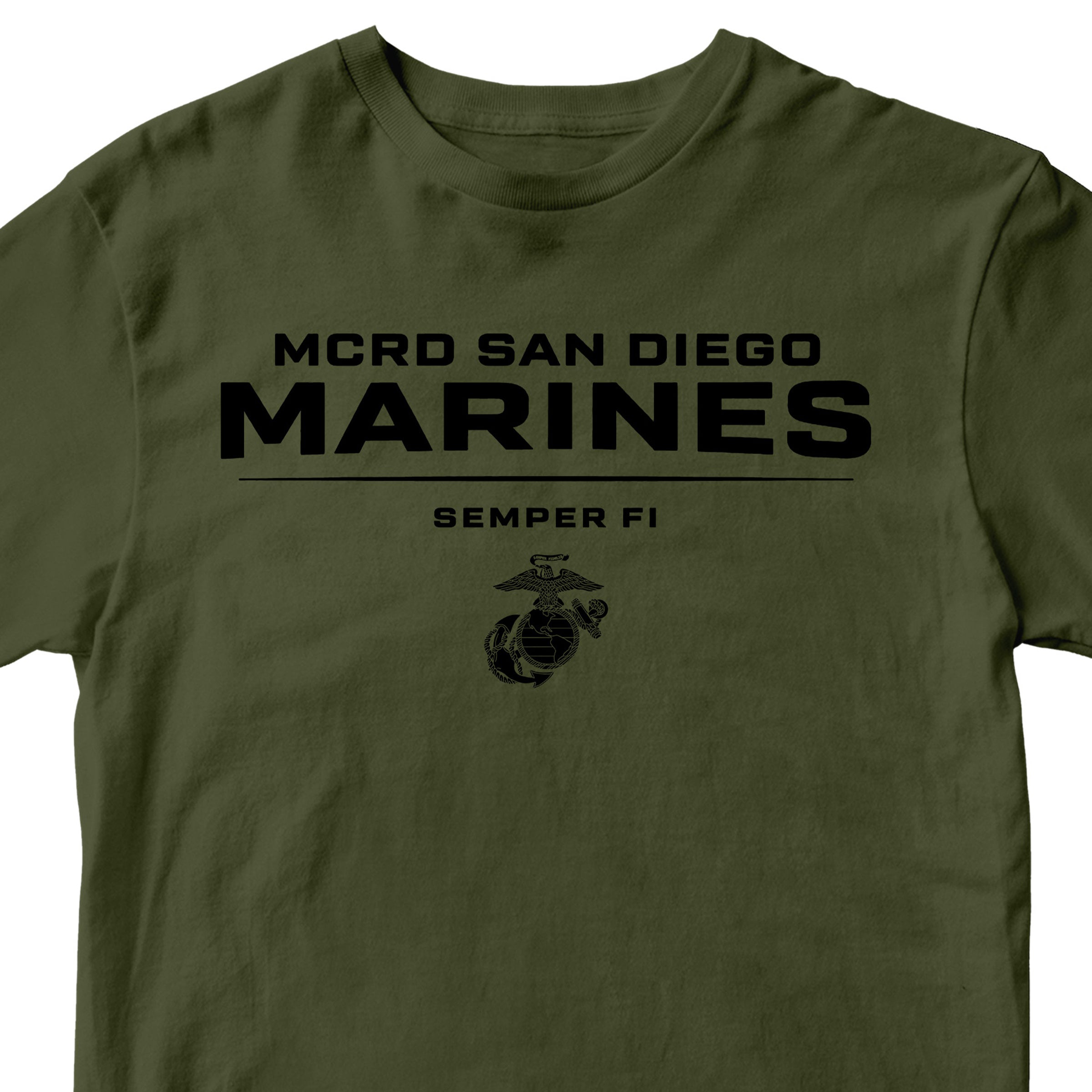 Green MCRD San Diego Marines T-shirt with EGA and Semper Fi. United States Marine Corps San Diego Tee