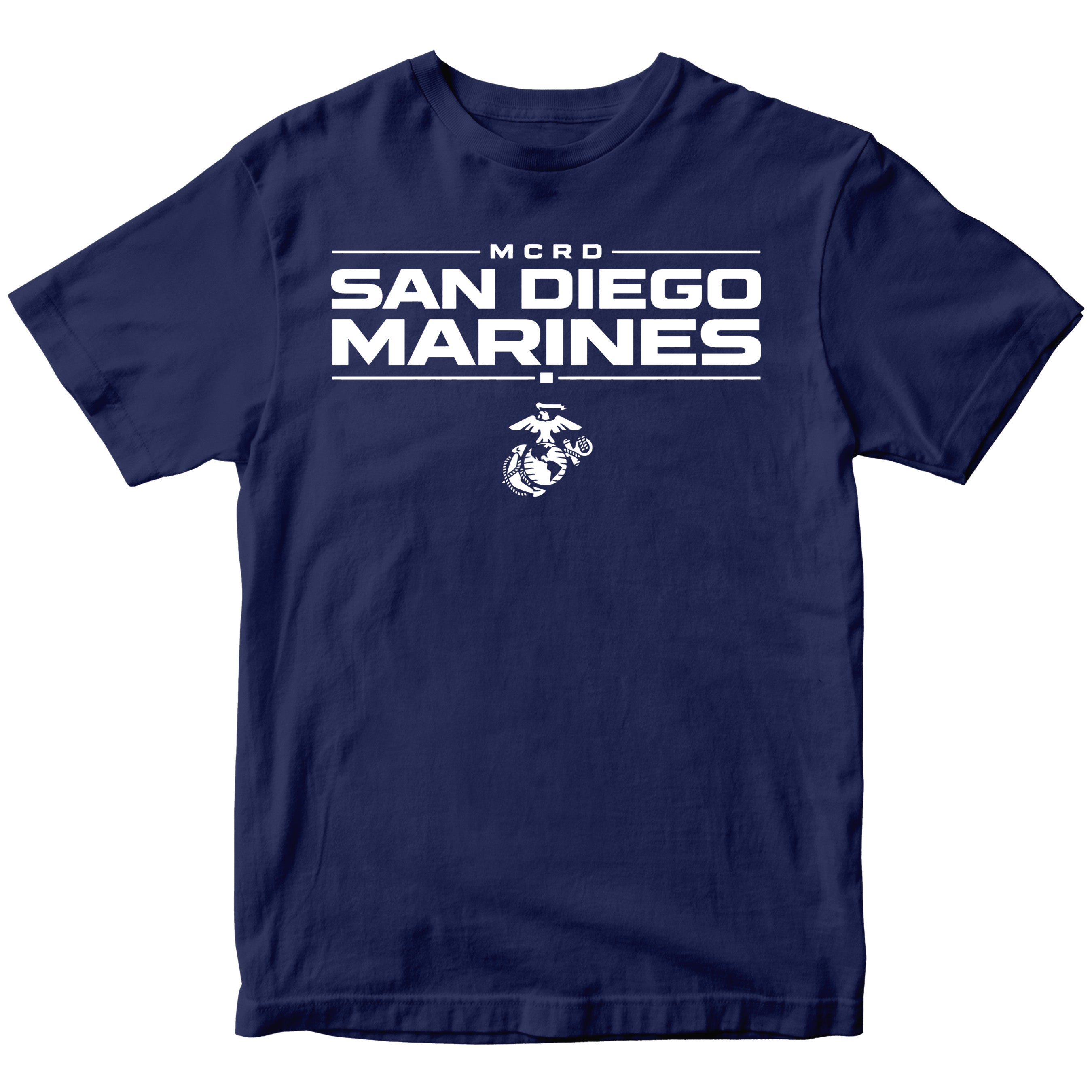 Navy MCRD San Diego Marines T-shirt with Eagle Globe and Anchor Marine Corps design. Marine Corps MCRD San Diego Tee