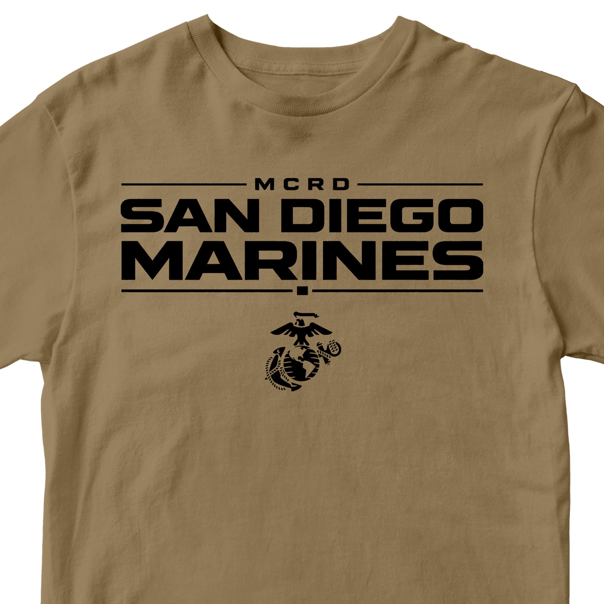 Brown MCRD San Diego Marines T-shirt with Eagle Globe and Anchor Marine Corps design. Marine Corps MCRD San Diego Tee