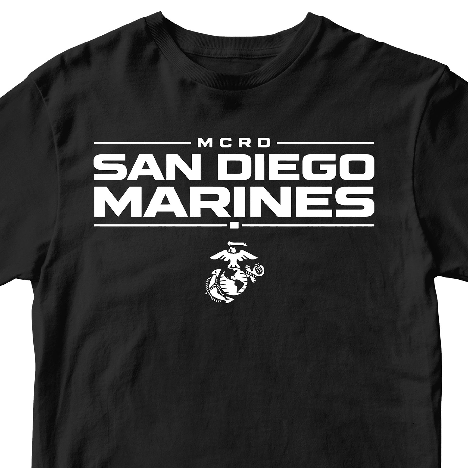Black MCRD San Diego Marines T-shirt with Eagle Globe and Anchor Marine Corps design. Marine Corps MCRD San Diego Tee