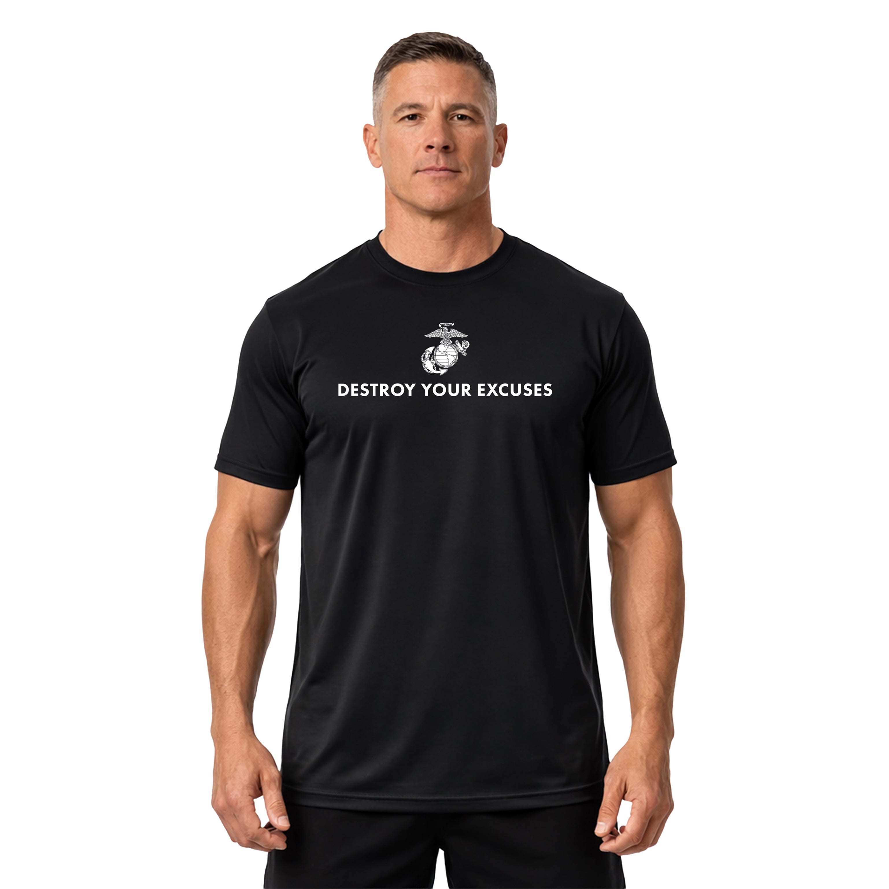 Green USMC motivational performance T-shirt featuring ‘Destroy Your Excuses’ text and Marine Corps EGA.