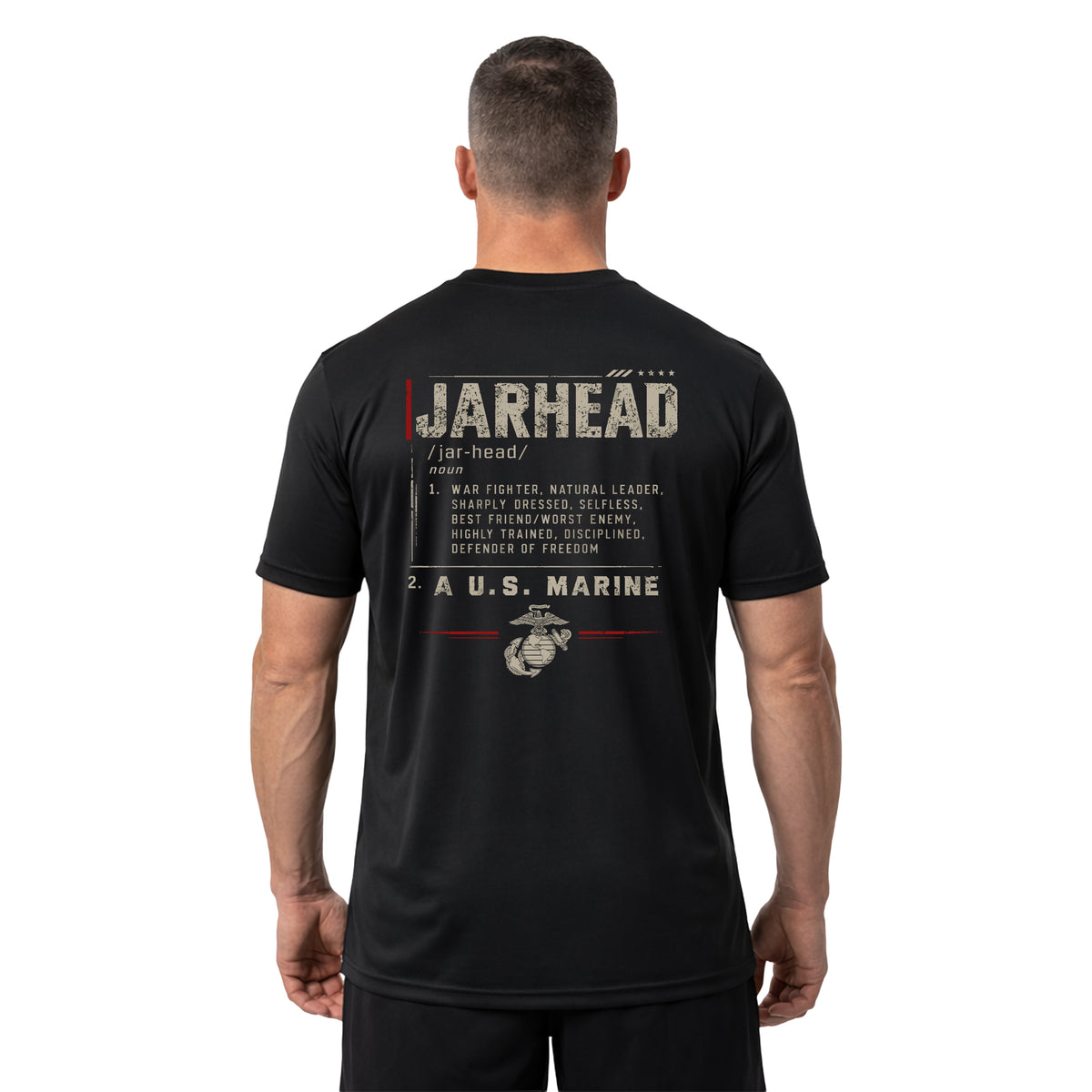 Black USMC Jarhead Definition performance T-shirt with Jarhead definition graphic with “A U.S. Marine” on the back