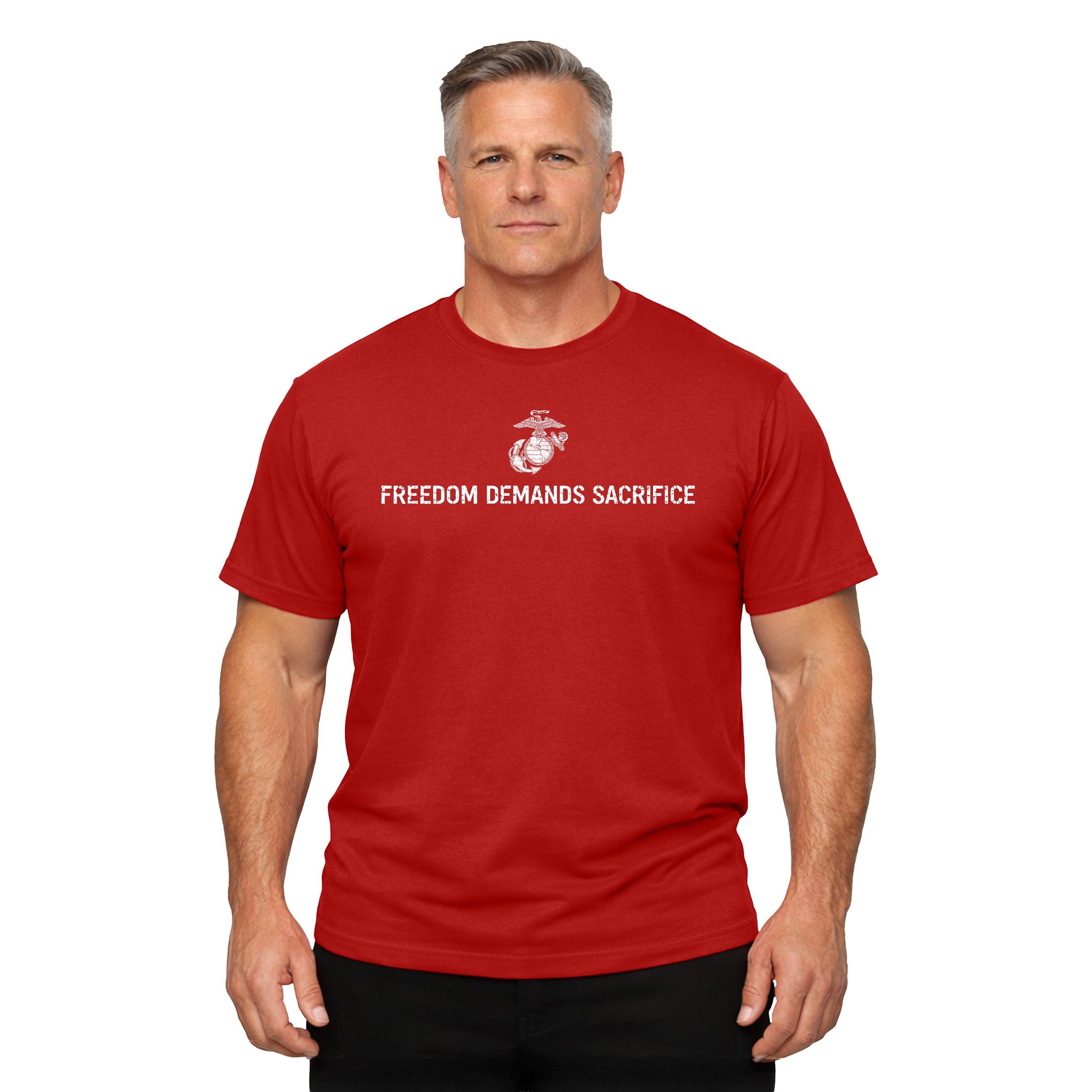 Freedom Demands Sacrifice Red USMC T-Shirt. USMC patriotic T-shirt for Memorial Day and 4th of July with 1% who serve design.