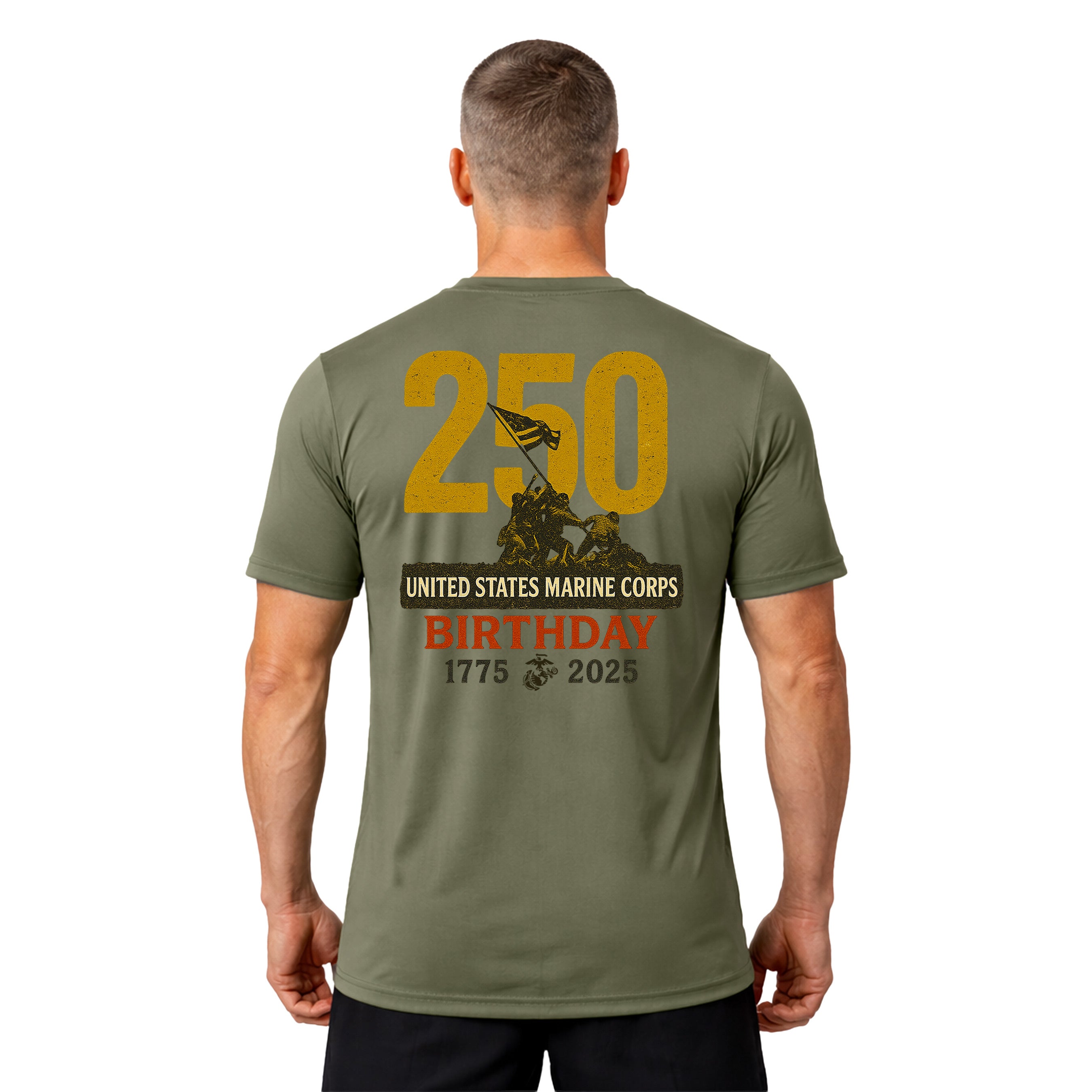 Marines 250th Birthday Performance T-shirt featuring Iwo Jima Flag Raising and 'United States Marine Corps Birthday' text. USMC 250th anniversary tee.