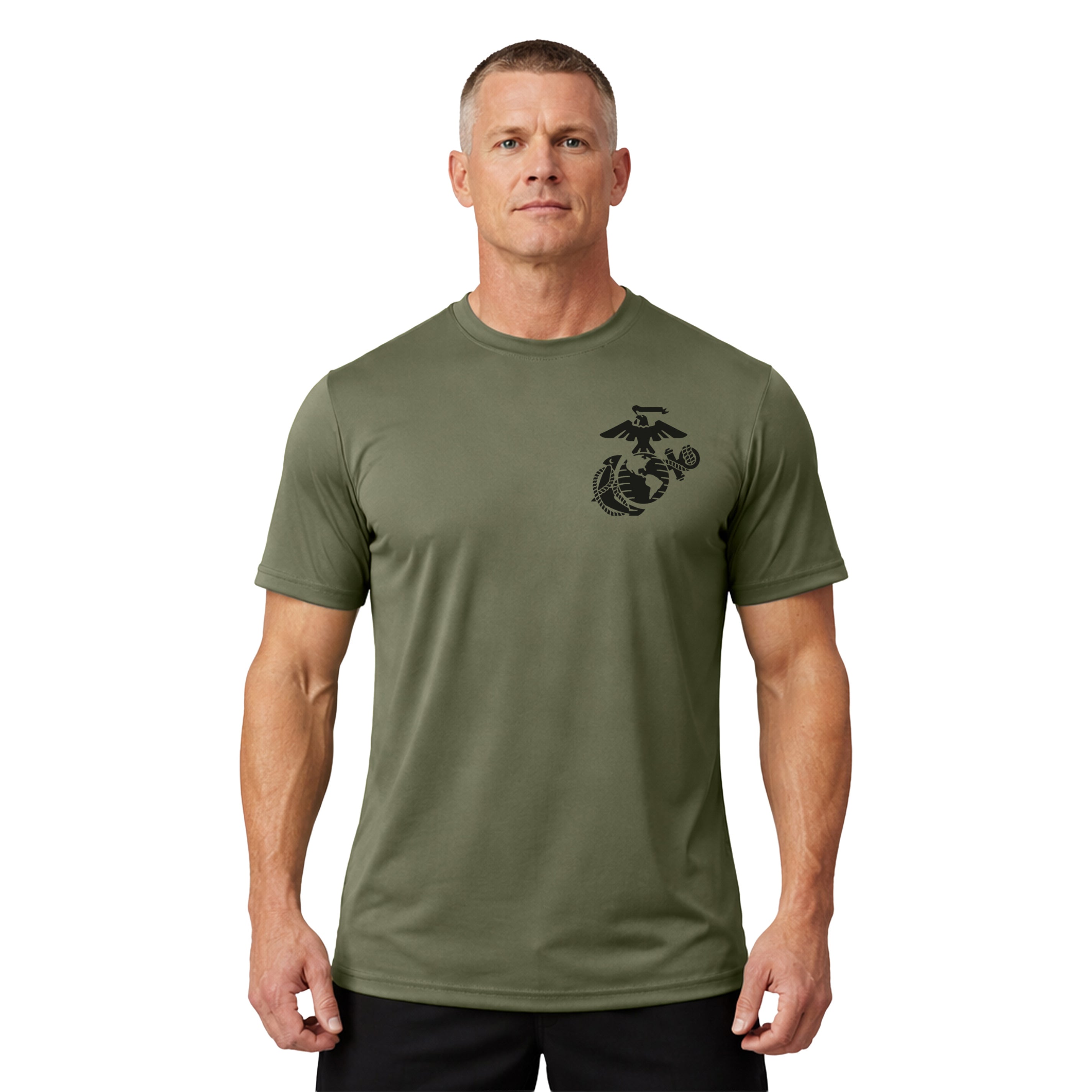 Marines 250th Birthday Performance T-shirt featuring Iwo Jima Flag Raising and 'United States Marine Corps Birthday' text. USMC 250th anniversary tee.