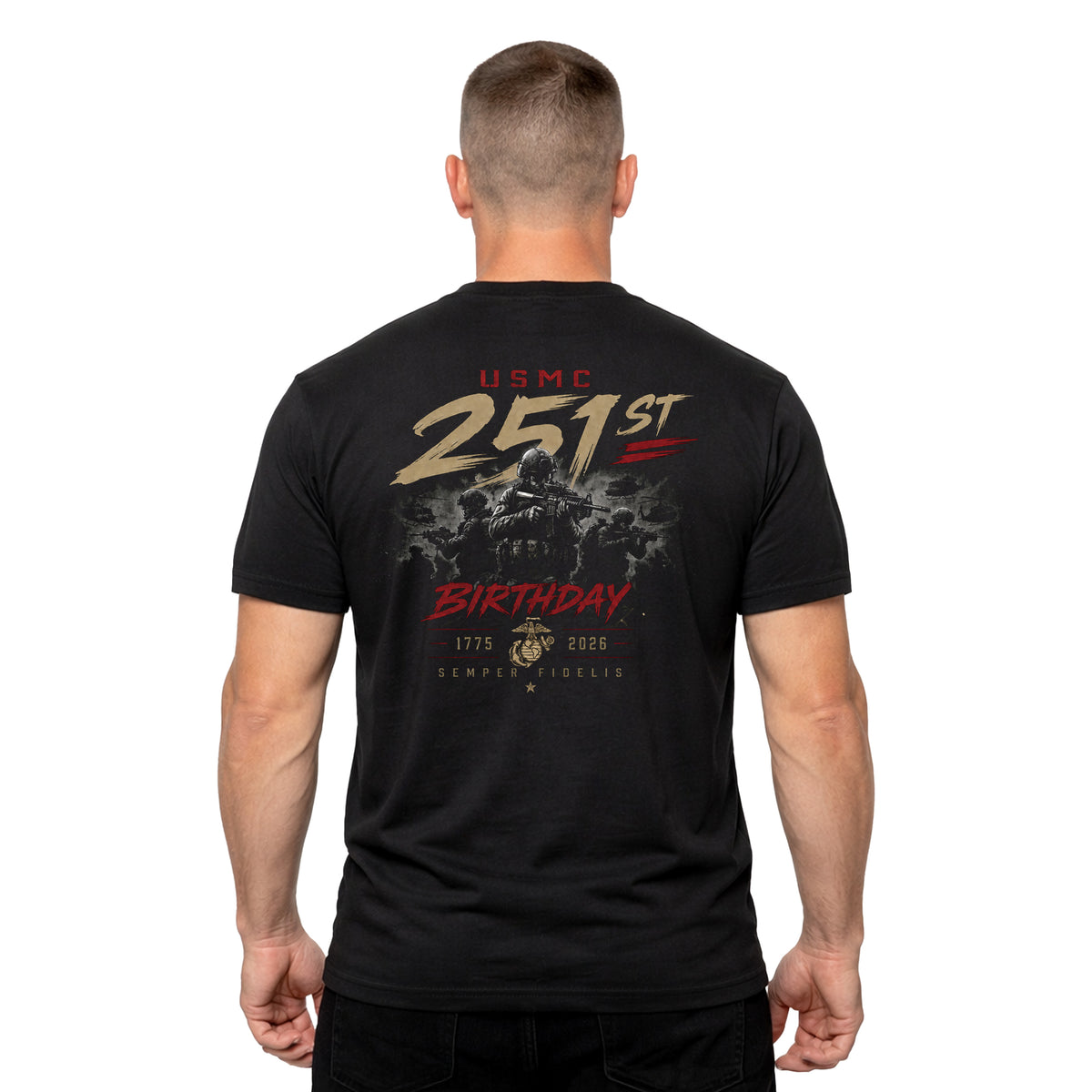 Black USMC 251st Birthday Battle Ready T-shirt with Marines combat graphic and Semper Fidelis design