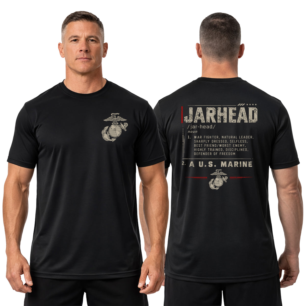 man wearing Black USMC Jarhead Definition performance T-shirt with Eagle, Globe and Anchor on the front and distressed Jarhead definition graphic with “A U.S. Marine” on the back