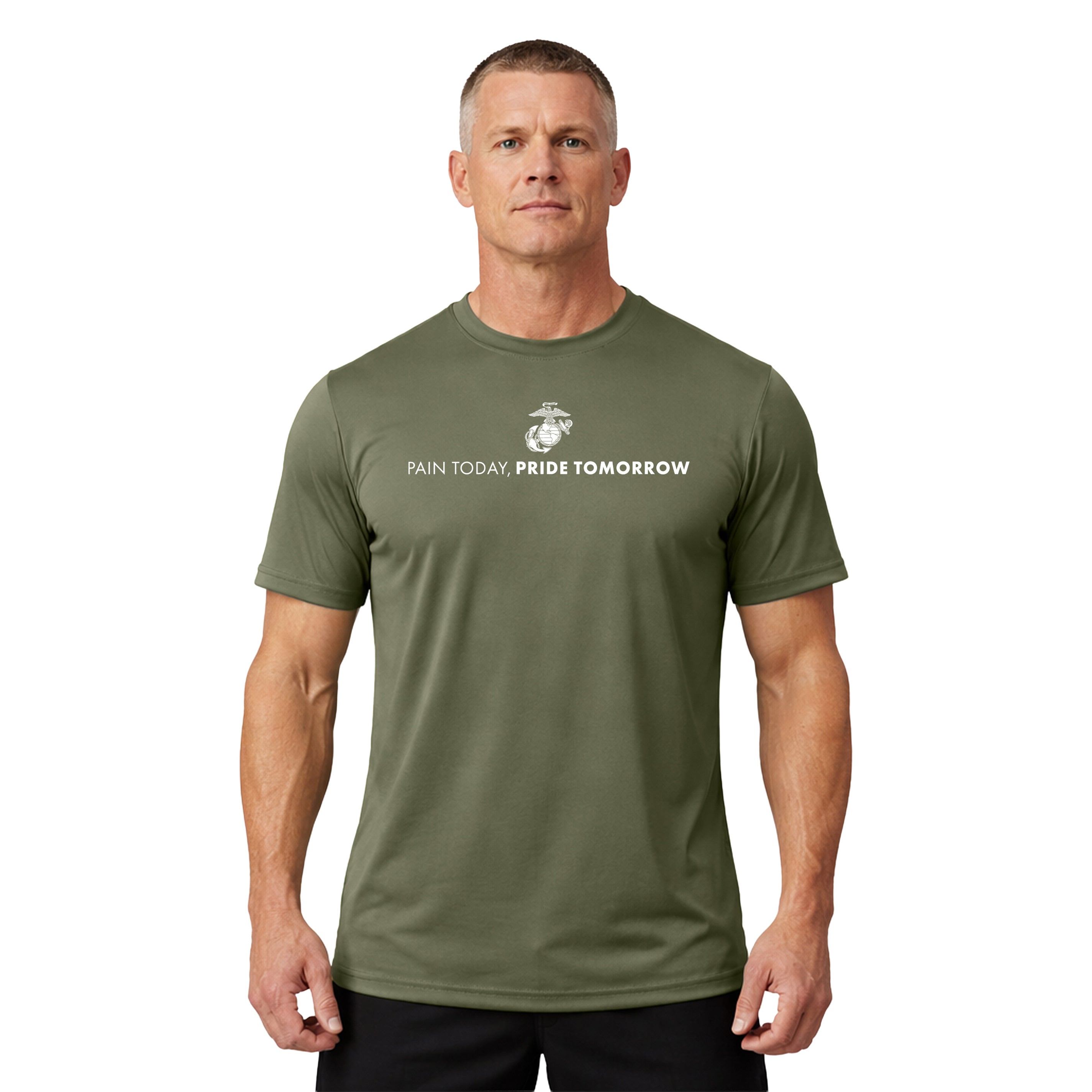Green USMC motivational performance t-shirt with EGA emblem and text reading 'Pain Today, Pride Tomorrow' – Marine Corps workout and training shirt.