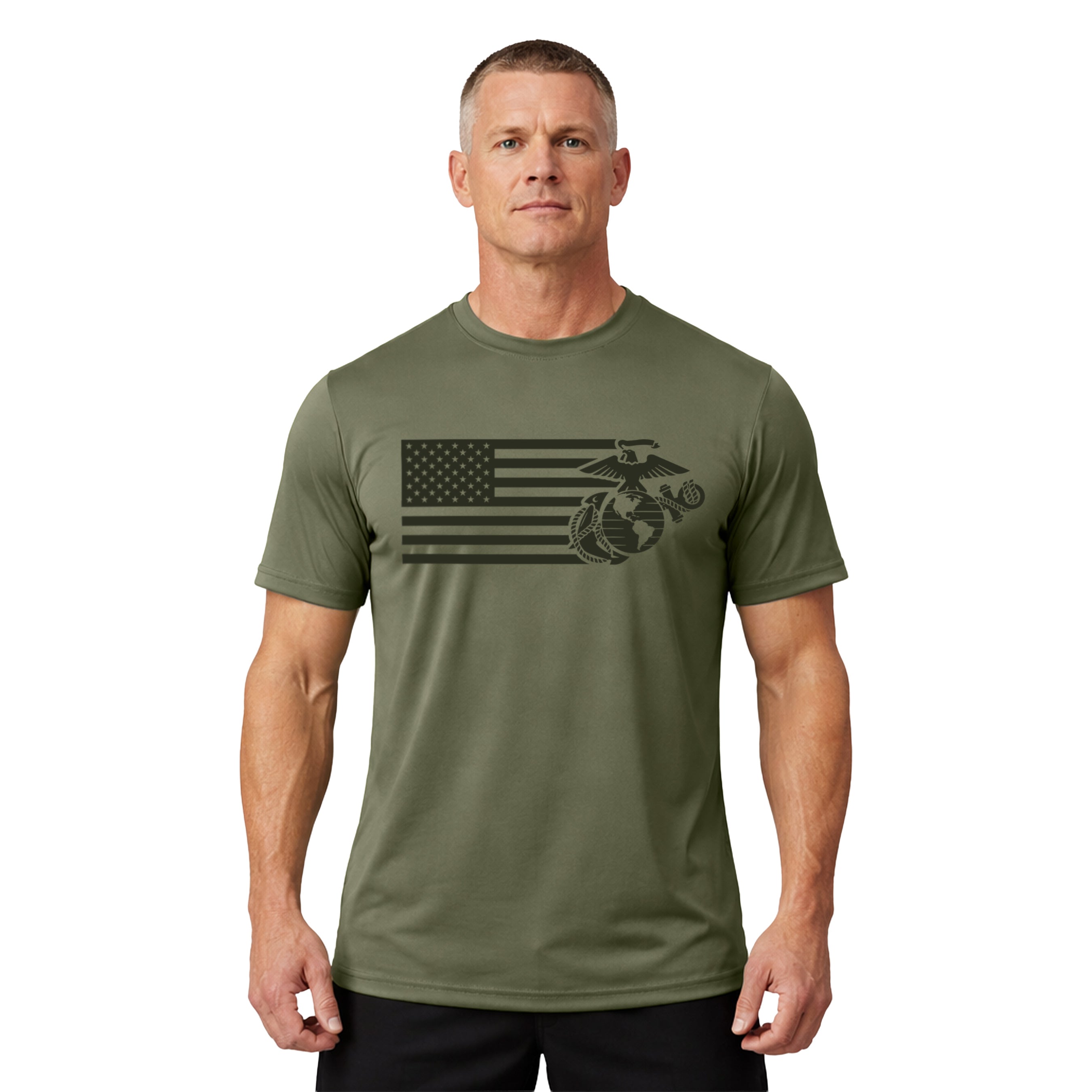 USMC Split Flag and EGA performance t-shirt with monochromatic Marine Corps front graphic. Marines American flag and EGA tee. USMC workout tee
