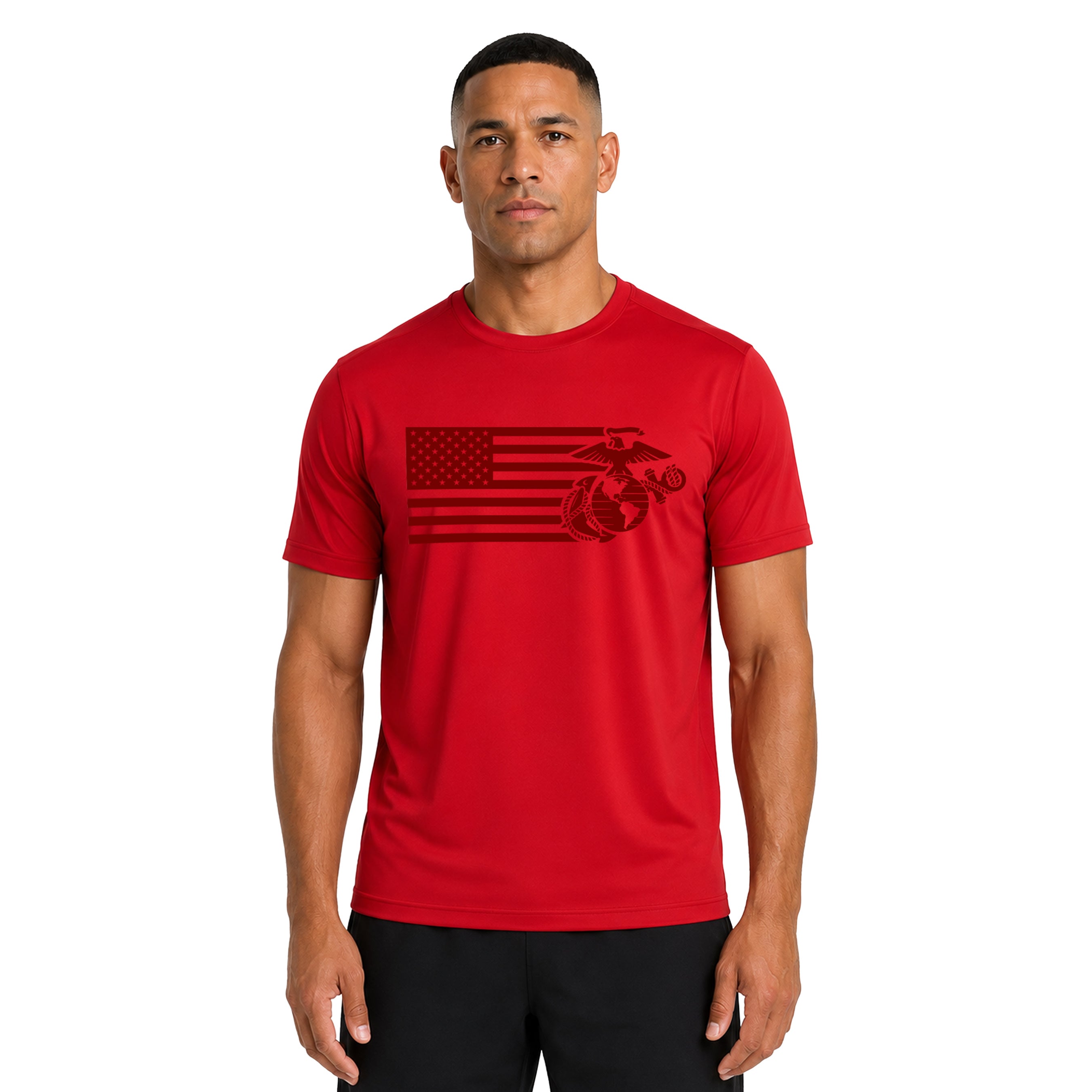 Red USMC Split Flag and EGA performance t-shirt with monochromatic Marine Corps front graphic. Marines American flag and EGA tee. USMC workout tee.