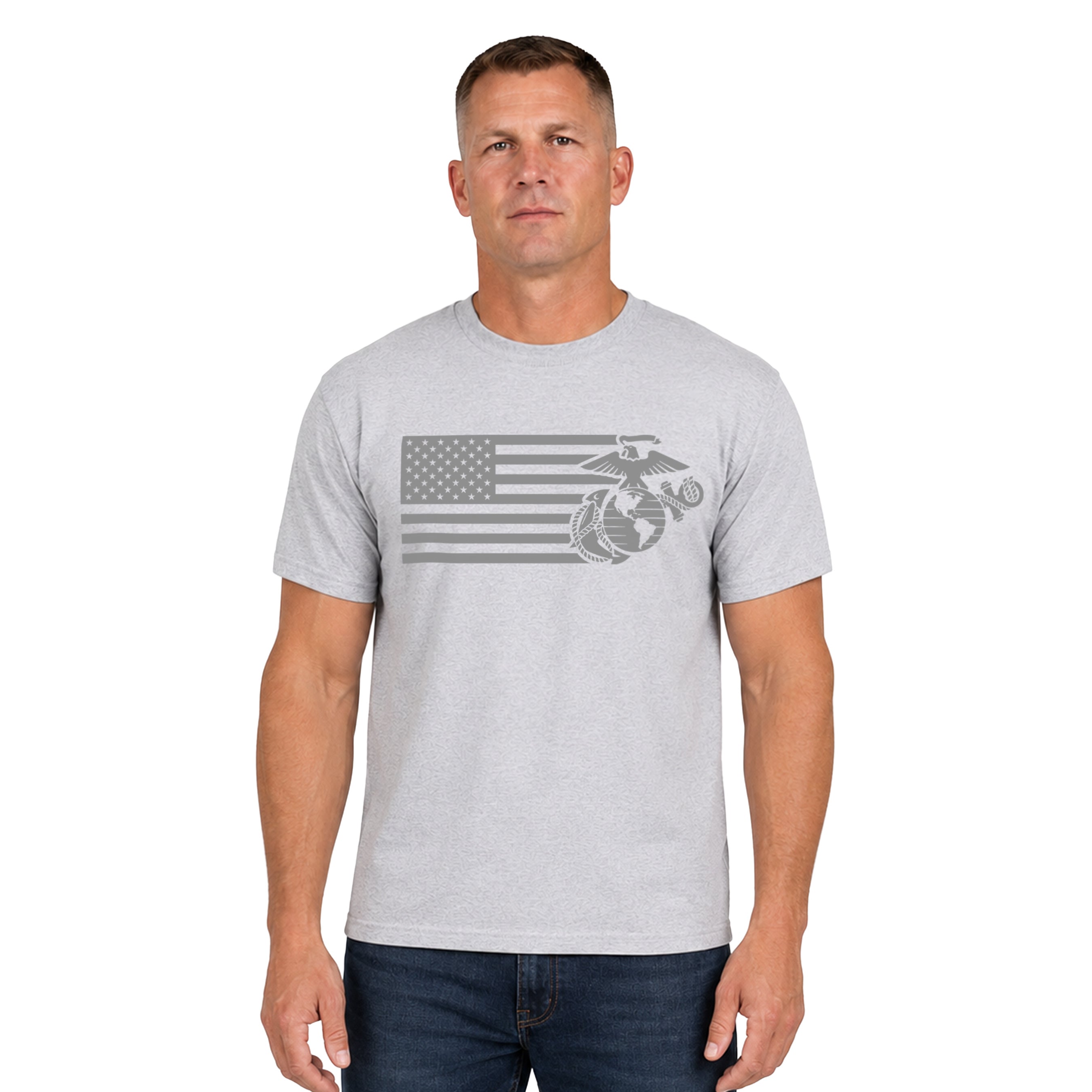 Sport Gray USMC Split Flag and EGA t-shirt with monochromatic Marine Corps EGA and American Flag Design. Marines Patriotic Tee.