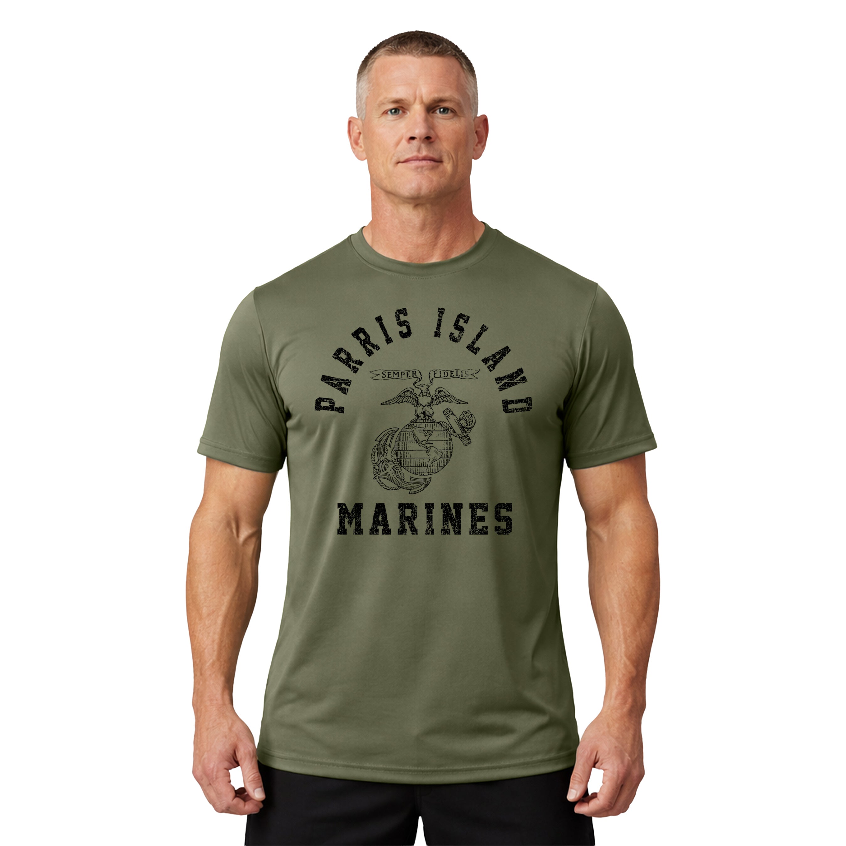 Green USMC performance t-shirt with distressed red print featuring 'Parris Island' arched above the EGA emblem, and 'Marines' text below. Vintage Marine Corps training shirts from MCRD Parris Island.