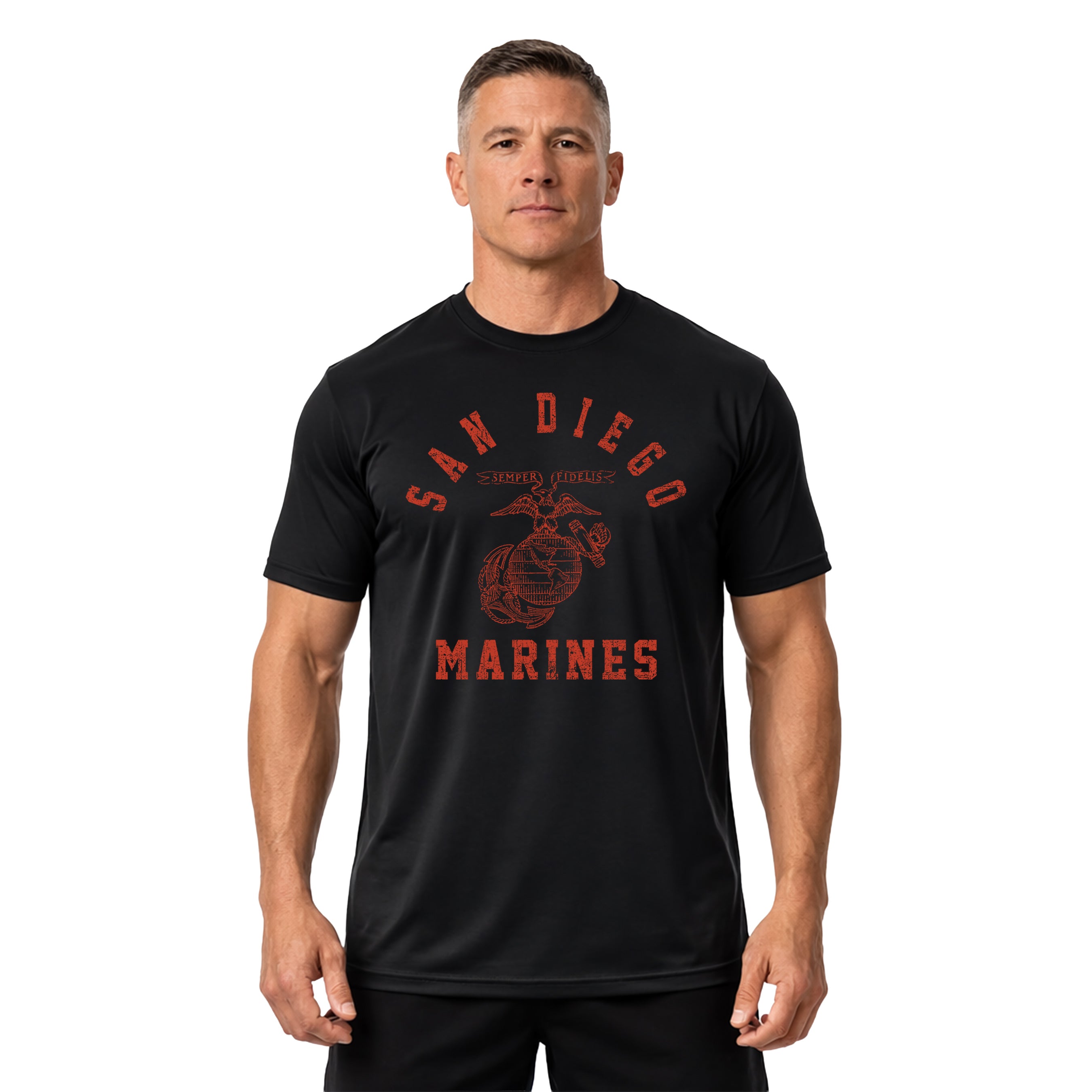 Black USMC performance t-shirt with distressed red print featuring 'San Diego' arched above the EGA emblem, and 'Marines' text below. Vintage Marine Corps training shirts from MCRD San Diego.