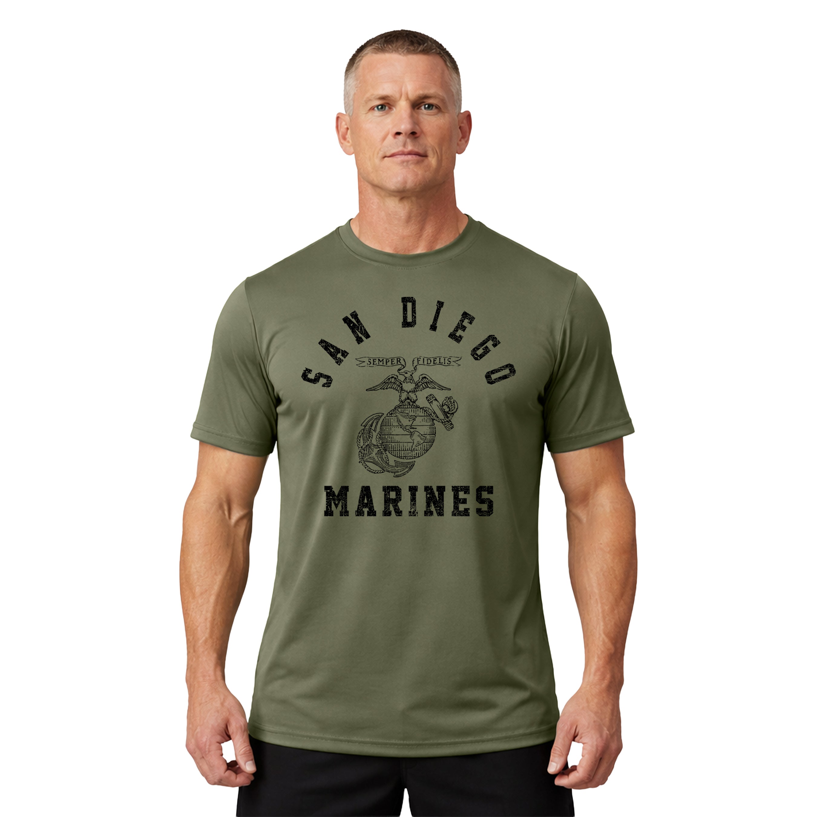 Green USMC performance t-shirt with distressed red print featuring 'San Diego' arched above the EGA emblem, and 'Marines' text below. Vintage Marine Corps training shirts from MCRD San Diego.
