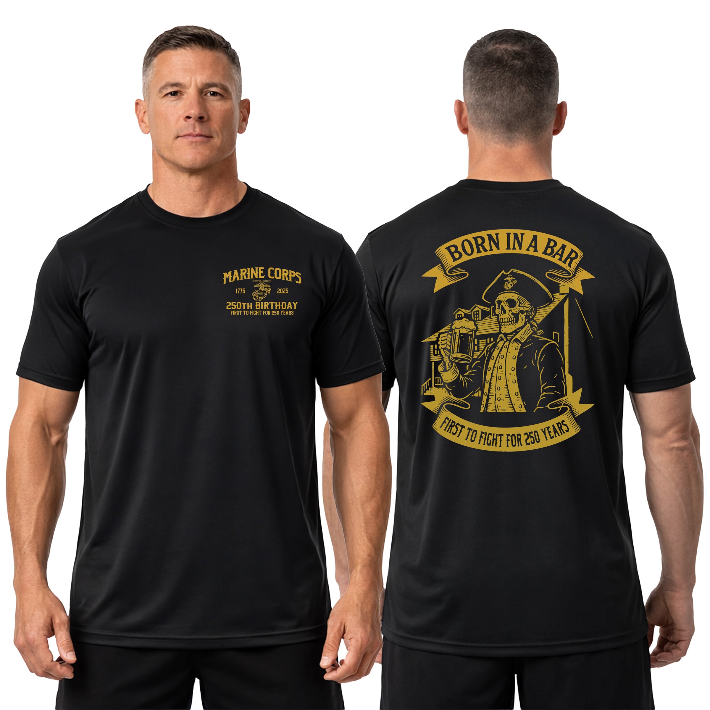 Marine Corps 250th Birthday Born in a Bar performance t-shirt. Featuring a front chest seal with Eagle, Globe, and Anchor and back graphic of skeleton Marine at Tun Tavern with Born in a Bar banner. USMC 250th Anniversary Tee