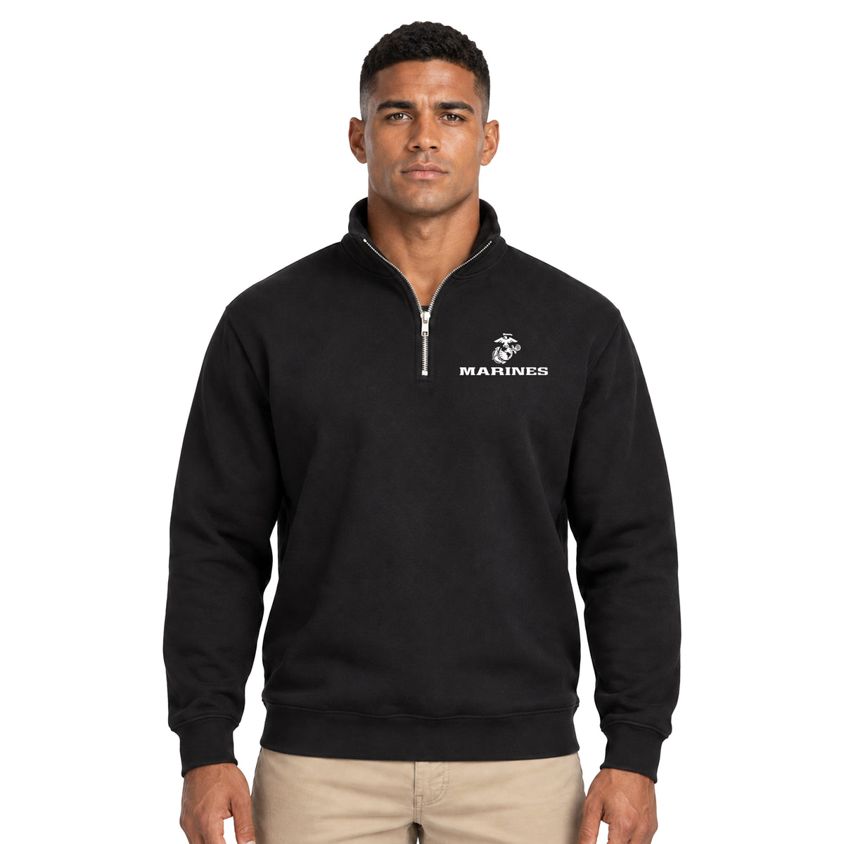 Model wearing Black Marines Eagle Globe and Anchor midweight quarter-zip pullover