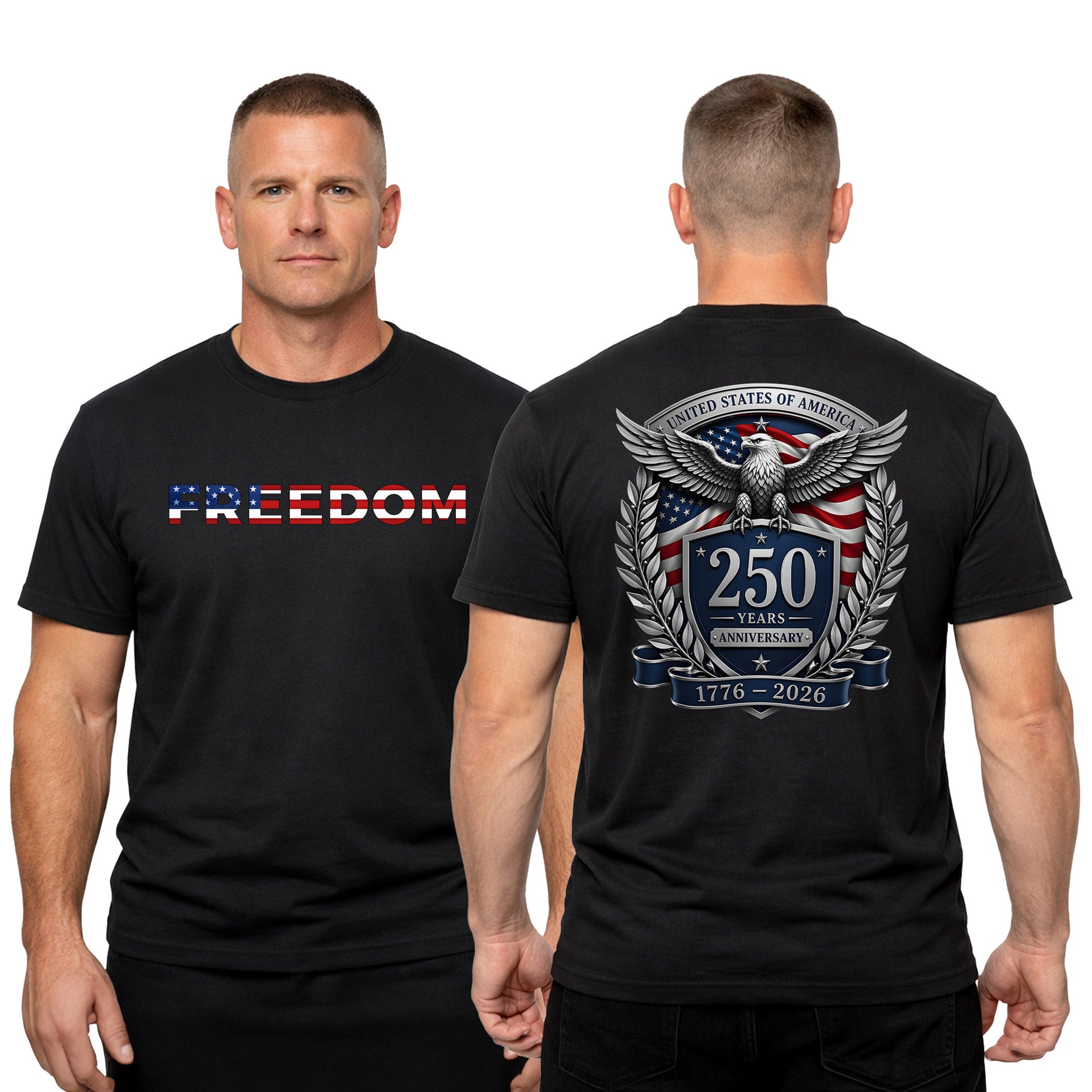 USA 250 years anniversary T-shirt with freedom eagle design and American flag back print. America's 250th birthday tee. USA 250 Years patriotic Black T-shirt.