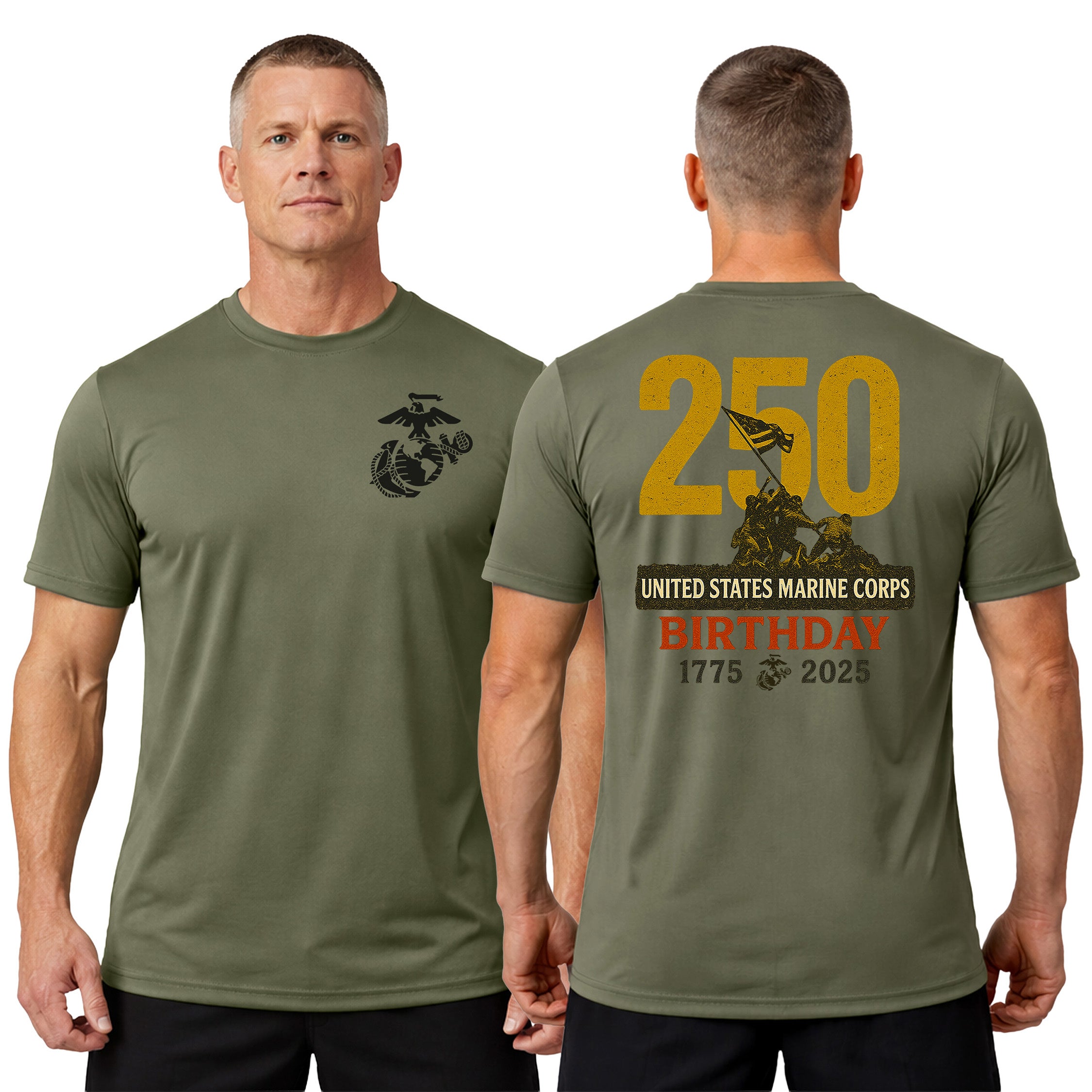 Marines 250th Birthday Performance T-shirt featuring Iwo Jima Flag Raising and 'United States Marine Corps Birthday' text. USMC 250th anniversary tee.